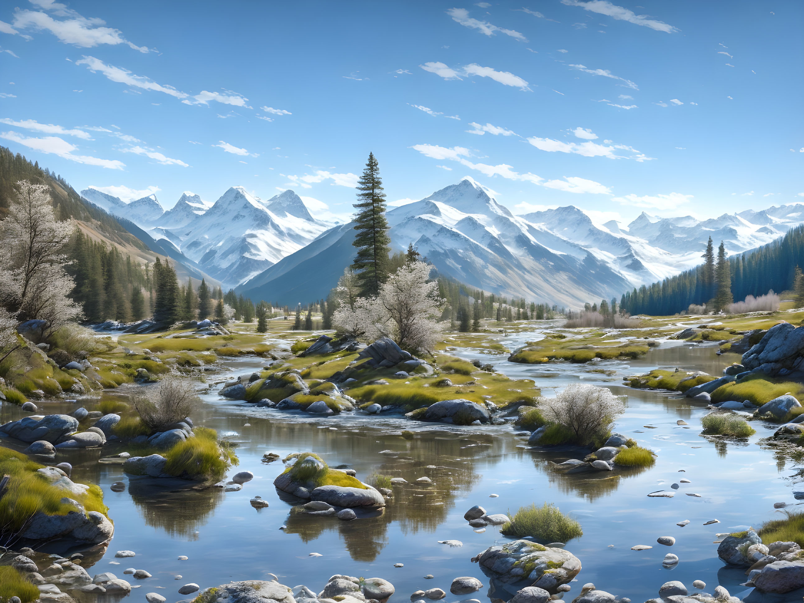 Scenic mountain stream in lush valley with snow-capped peaks