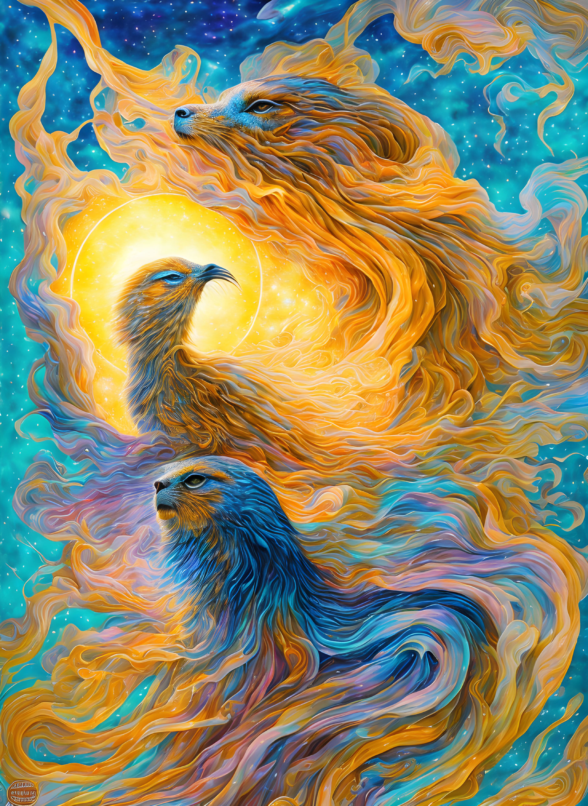 Colorful psychedelic illustration of swirling foxes on cosmic background