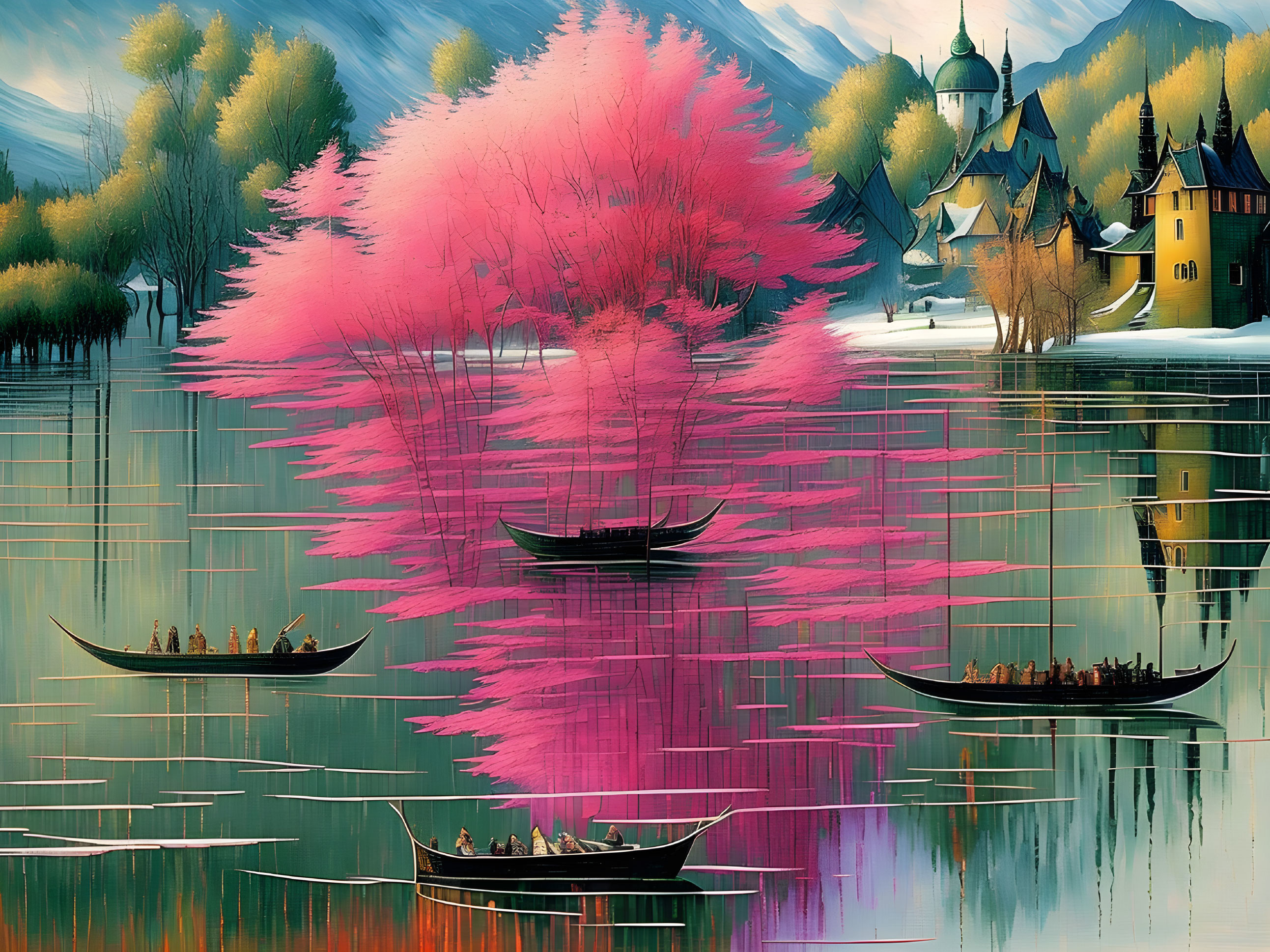 Scenic lake with pink tree reflection, boats, and European houses in autumn.