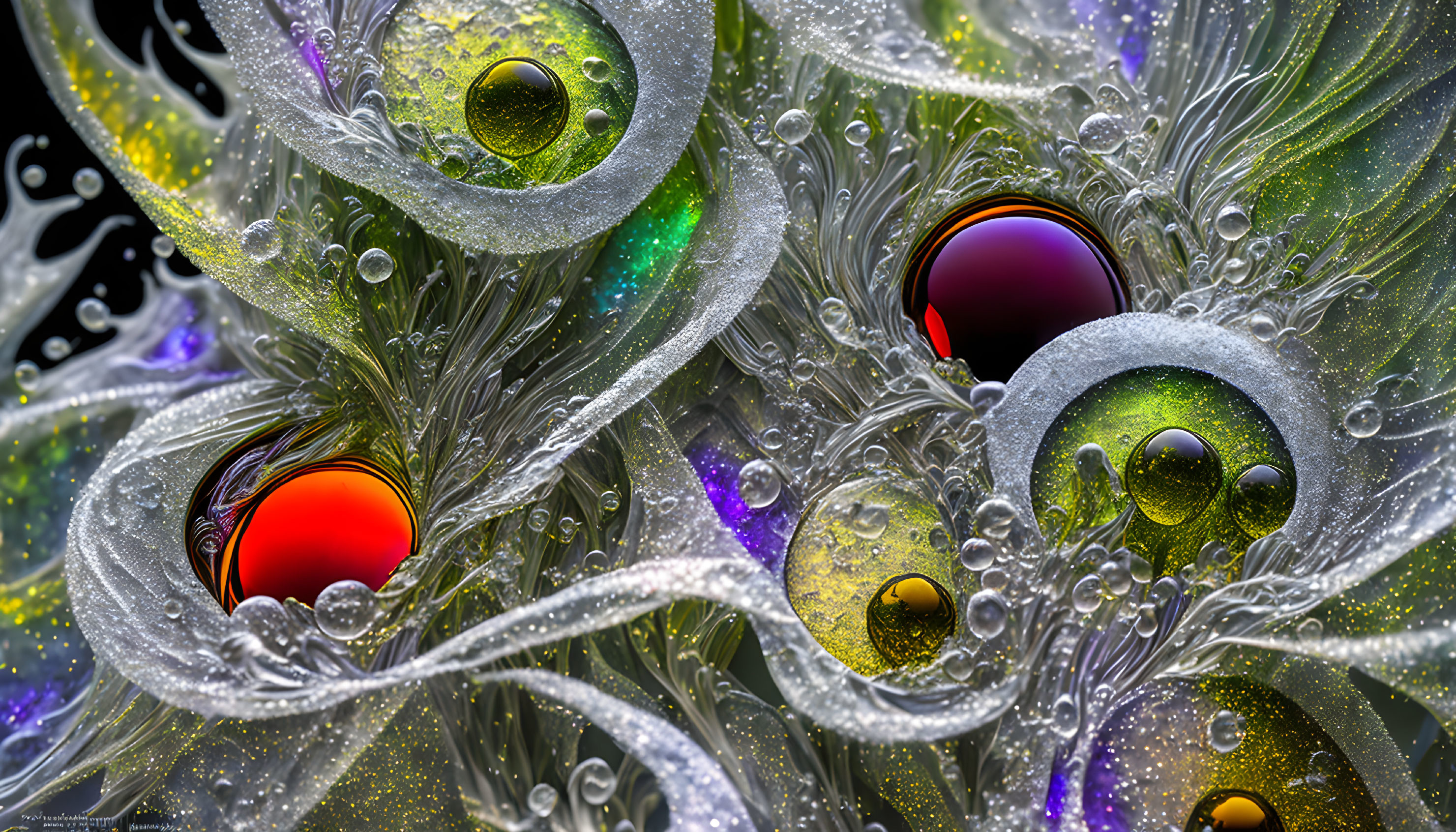 Detailed Digital Art: Colorful Spheres in Dewy Plant Structures