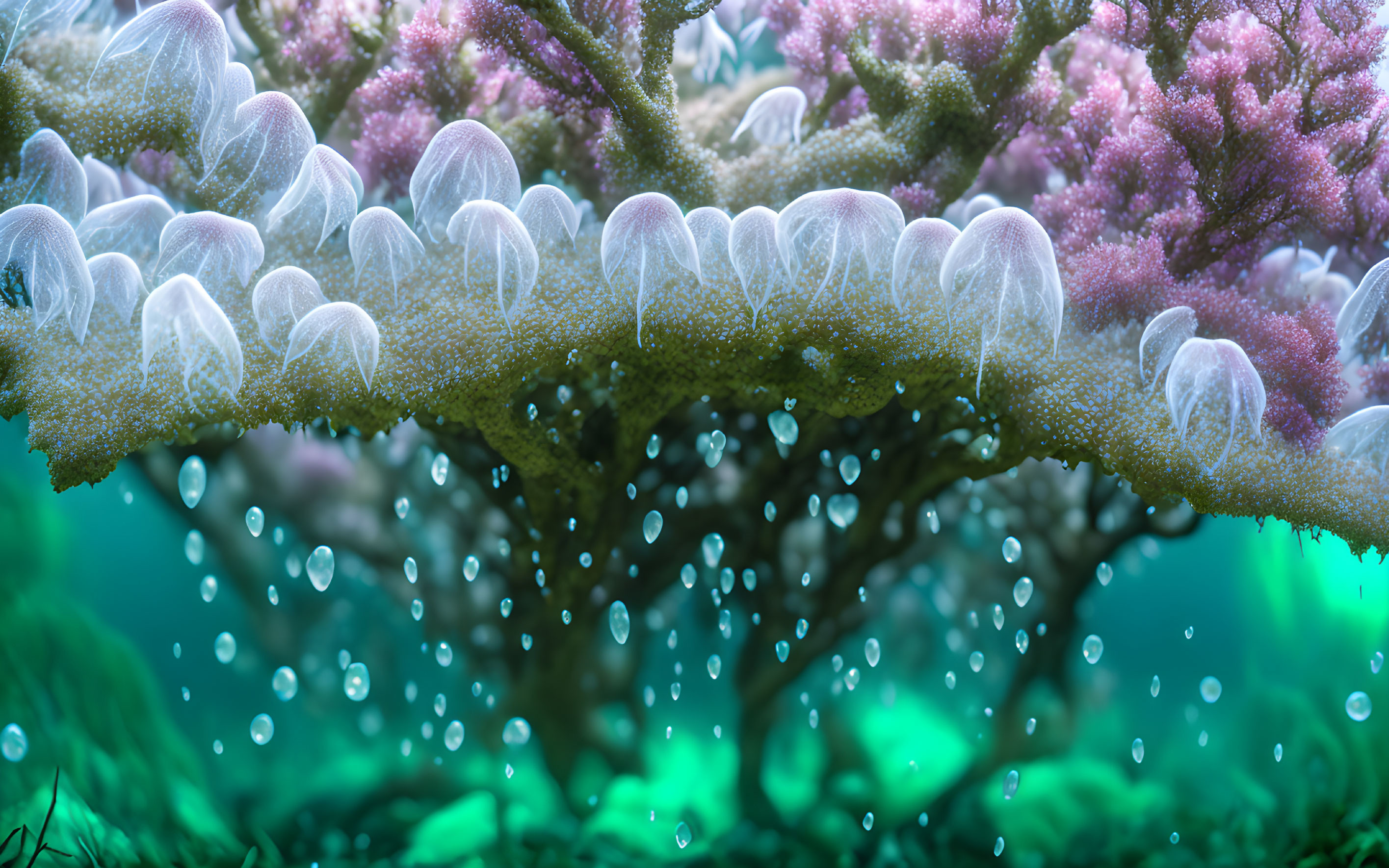 Close-Up of Coral with Translucent Jellyfish-Like Creatures in Vibrant Underwater Scene