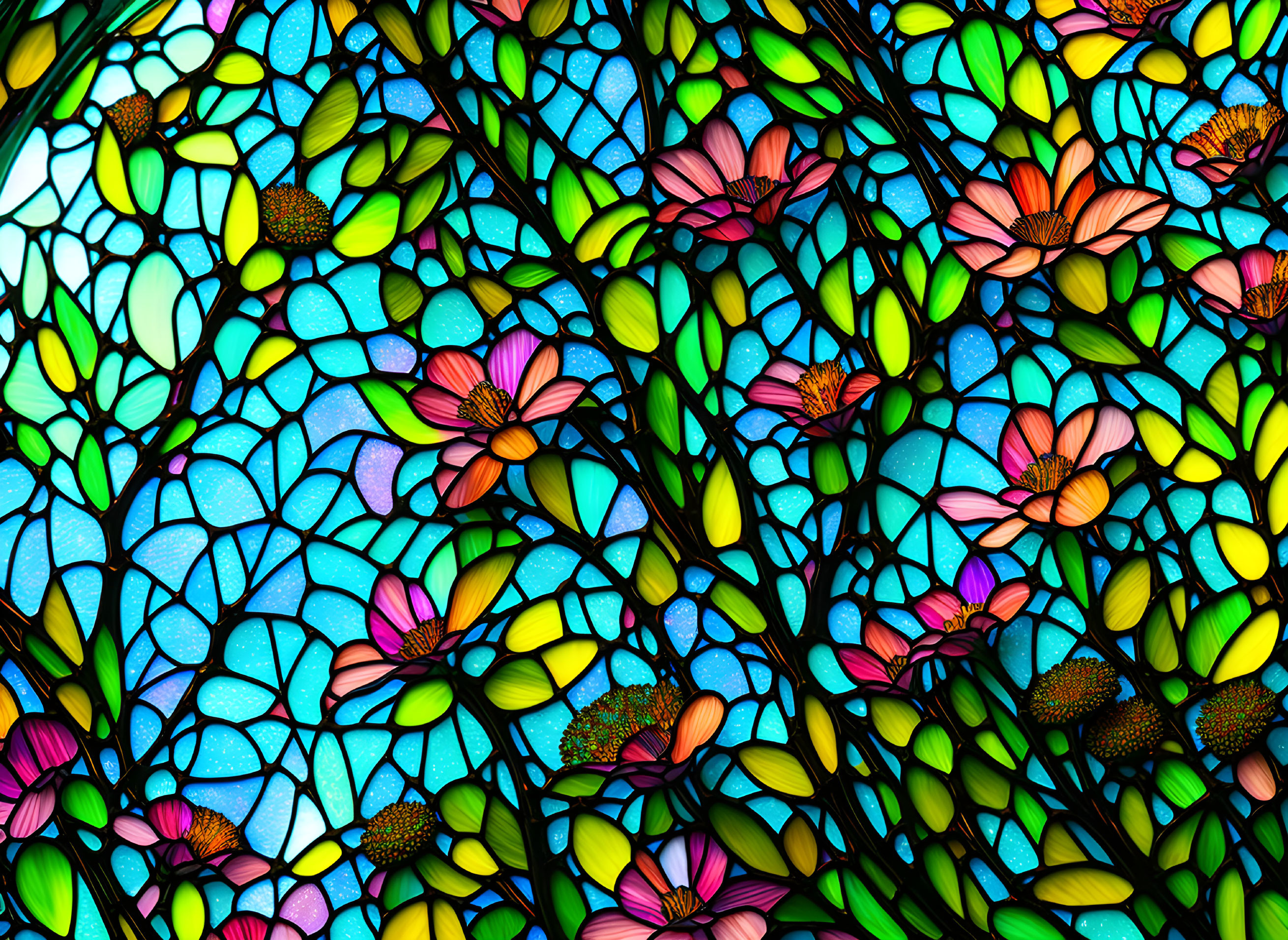 Colorful flower and leaf stained glass design with intricate black leading lines