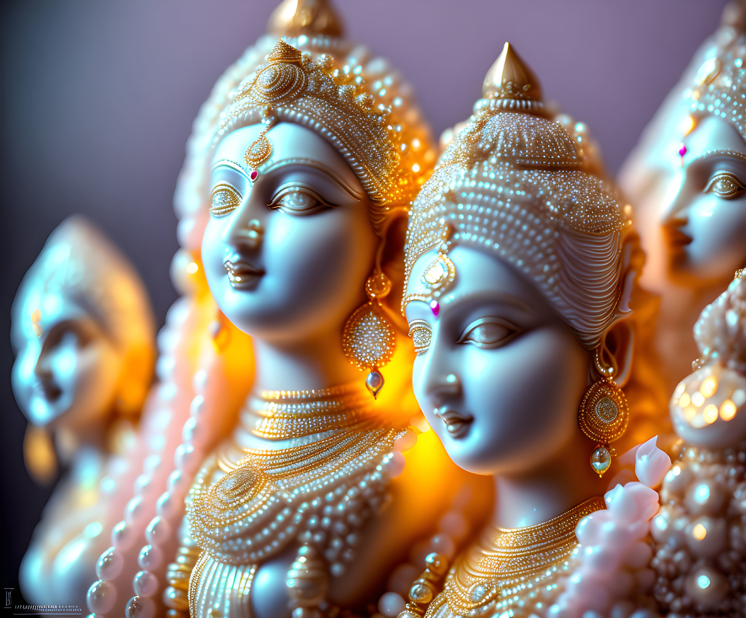 Golden Hindu Deity Statues with Detailed Faces and Blurred Figures