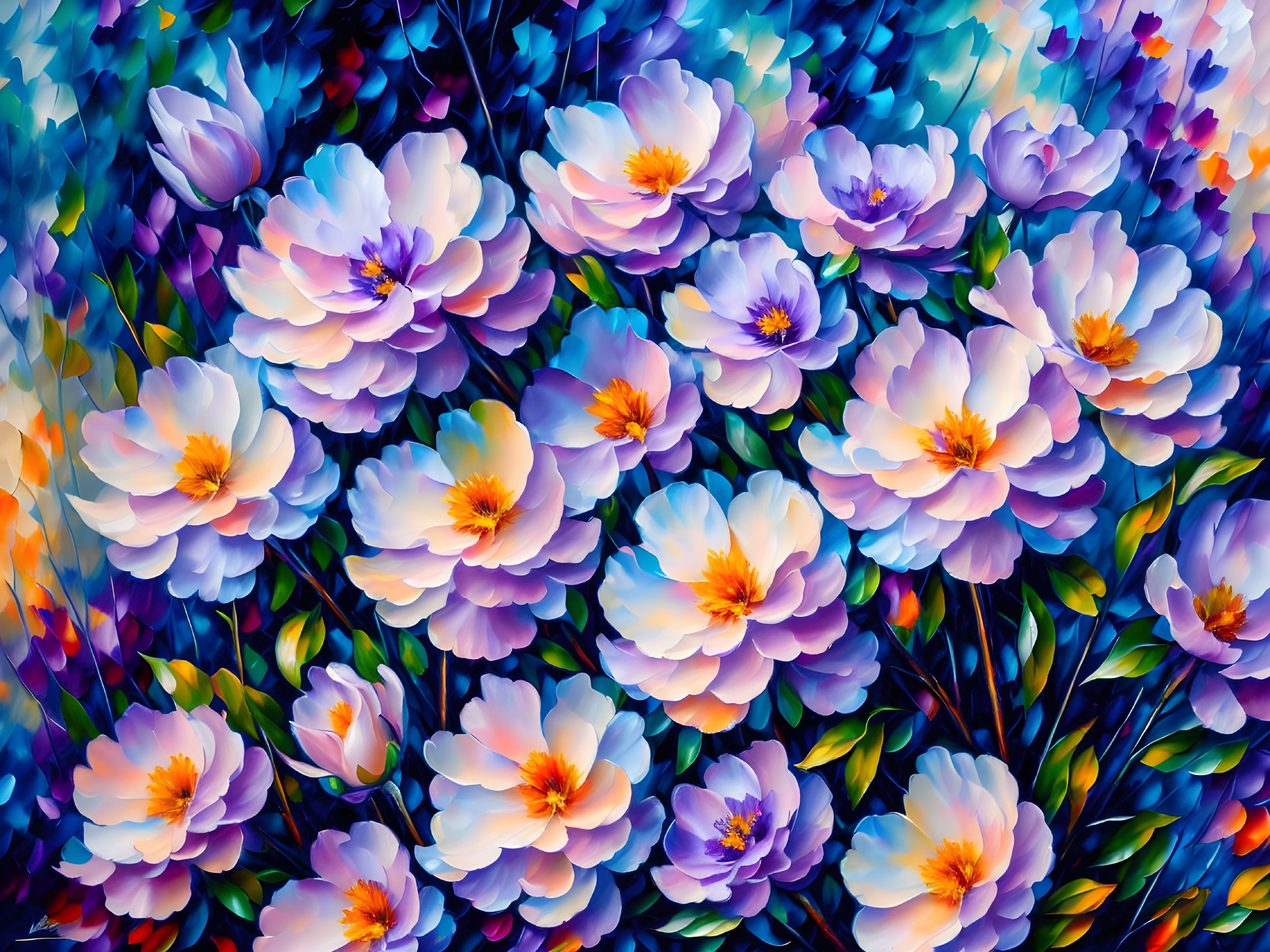 Colorful floral painting with purple and white flowers on blue and green backdrop