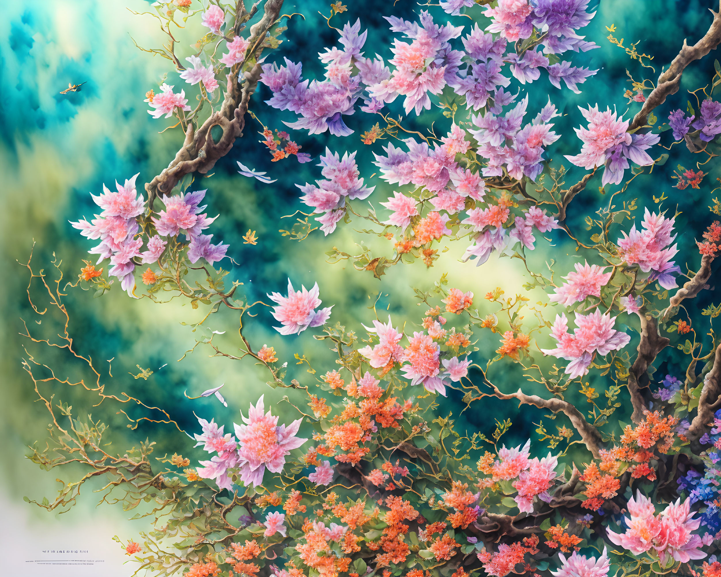 Colorful artwork: flourishing tree with pink and orange blossoms on soft-focus background