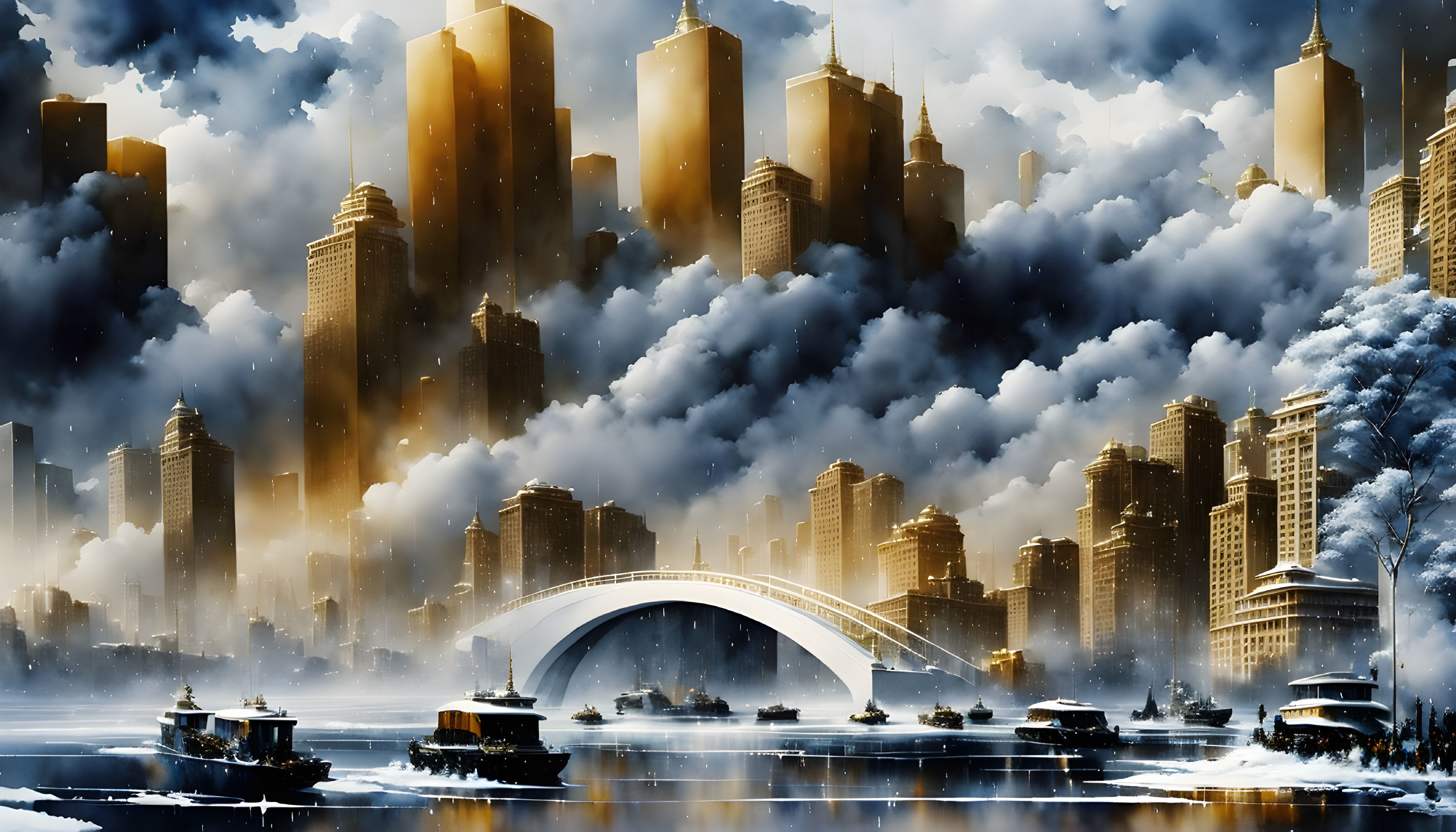 Futuristic snowy cityscape with arch bridge, skyscrapers, and warm glow