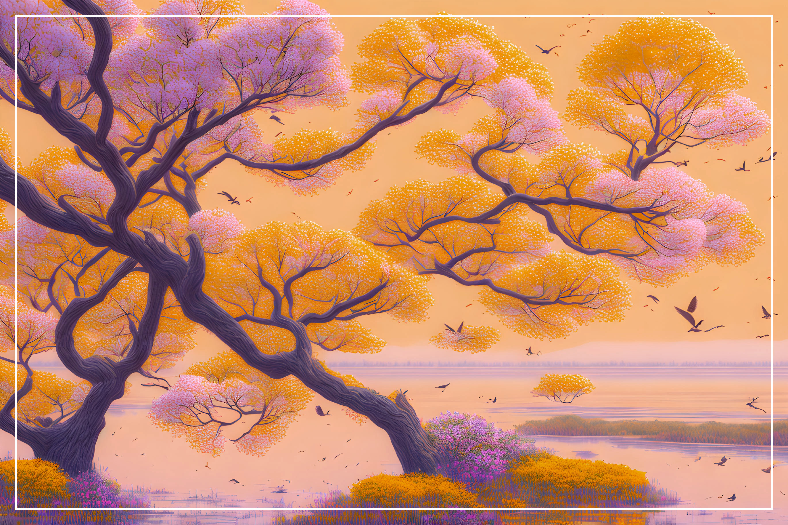 Twisting trees with yellow and purple foliage in twilight scene