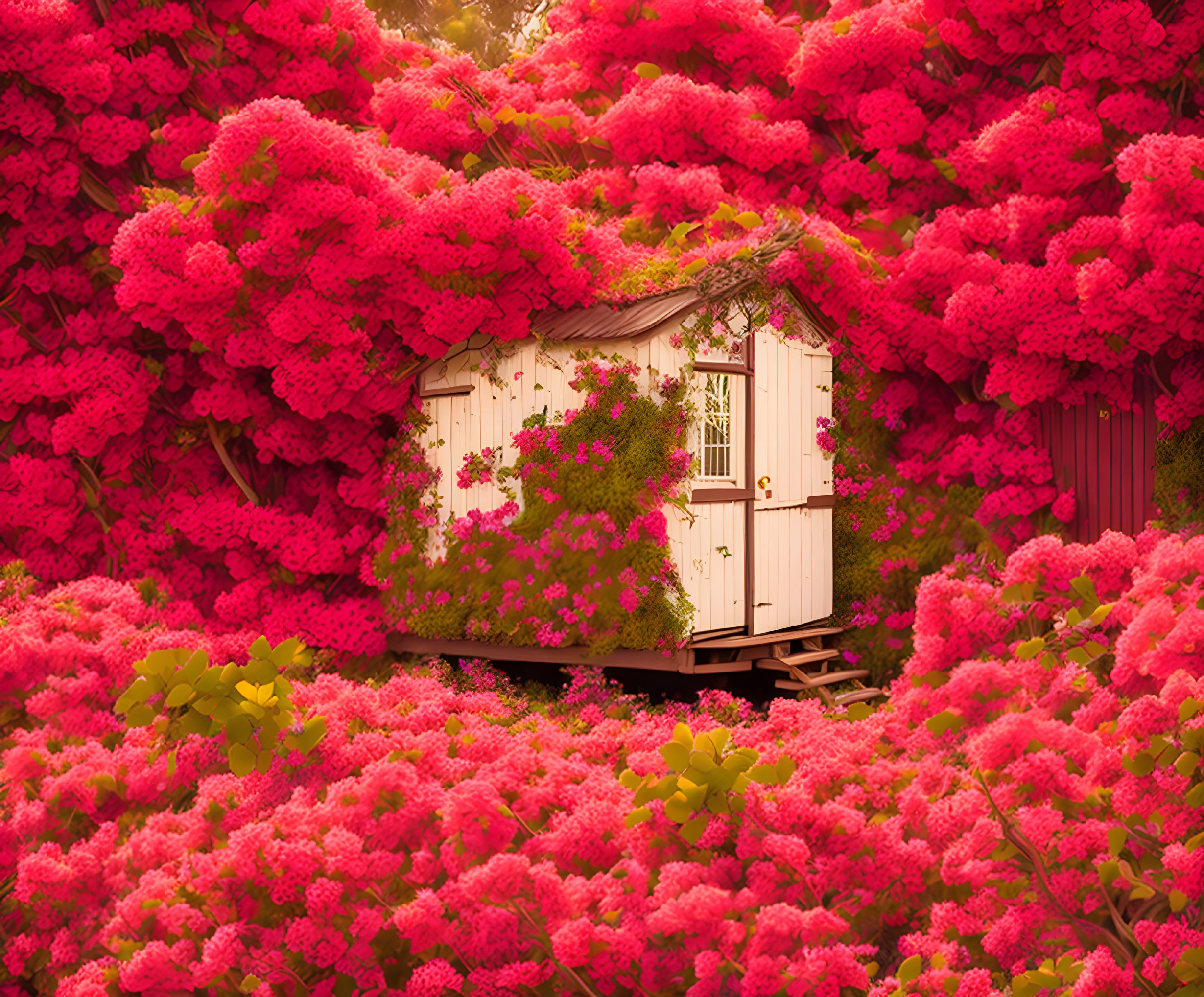 White Garden Shed Surrounded by Pink Blossoms