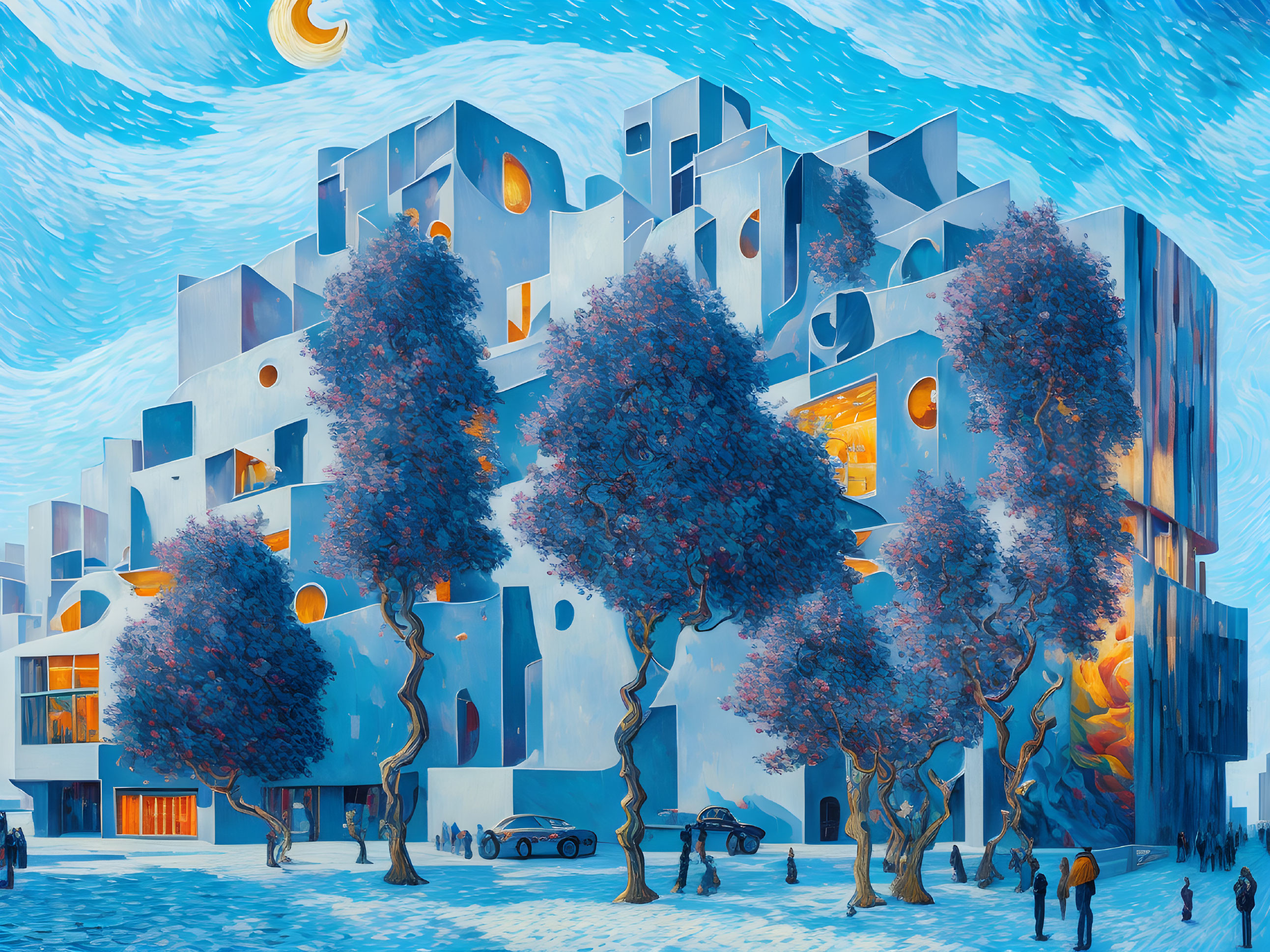 Modern Cubist Painting Featuring Purple Trees and People Under Blue Sky