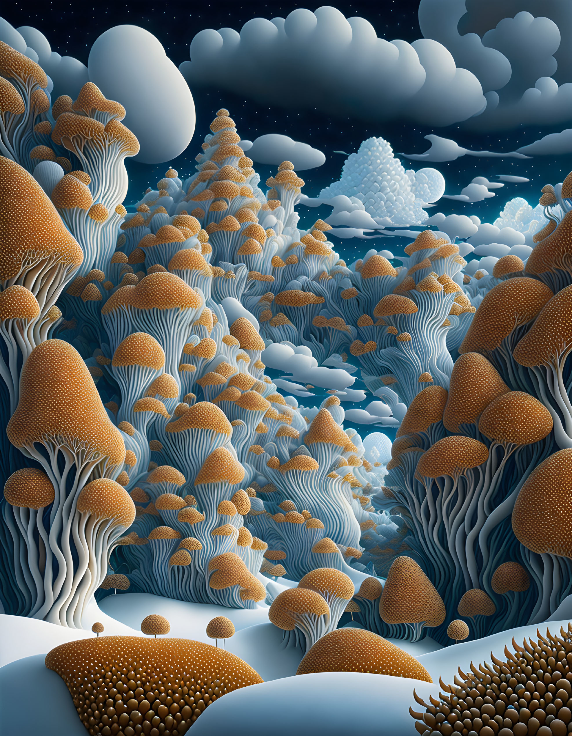 Surreal landscape with mushroom-like trees under starry sky