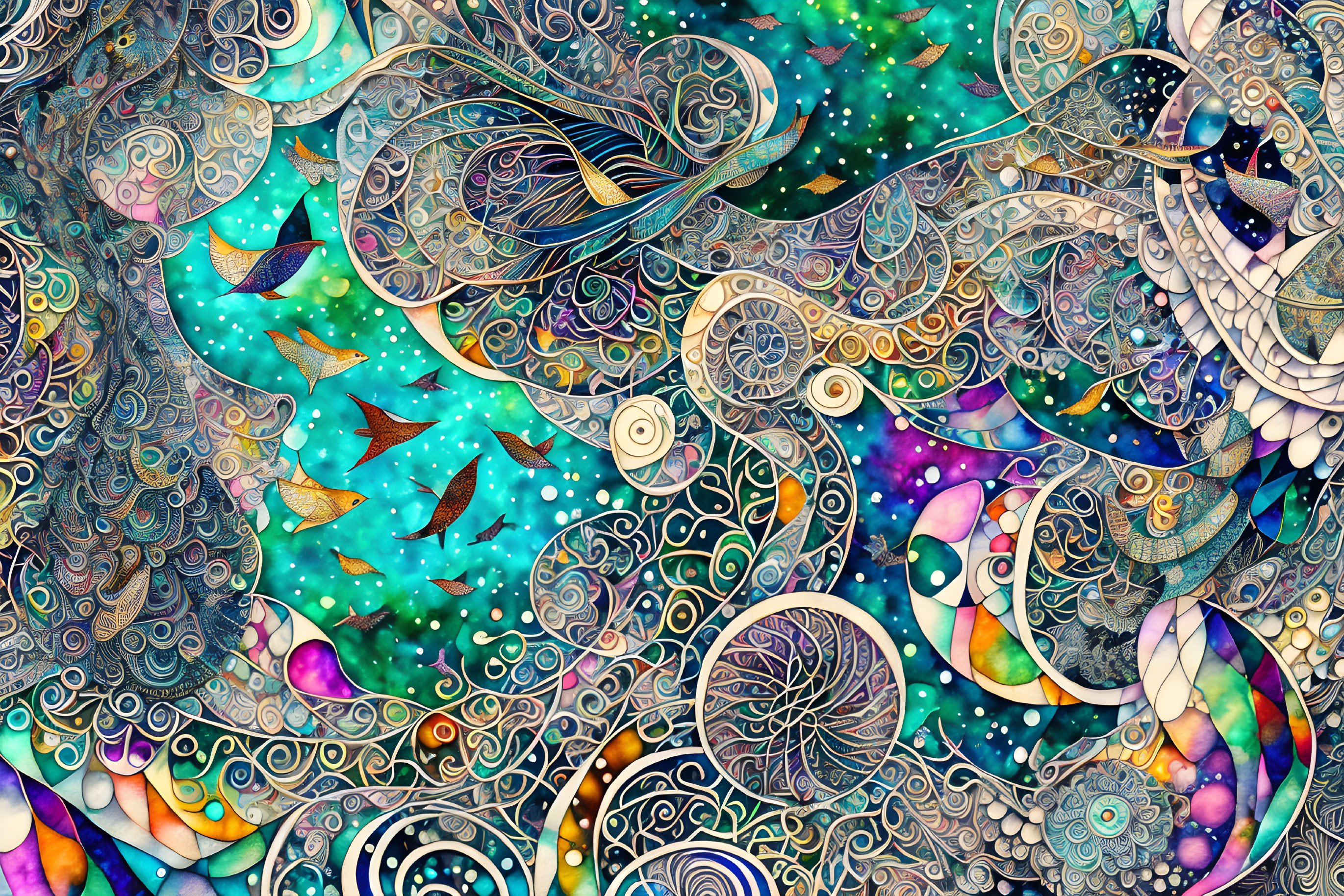 Multicolored abstract art with cosmic and aquatic motifs