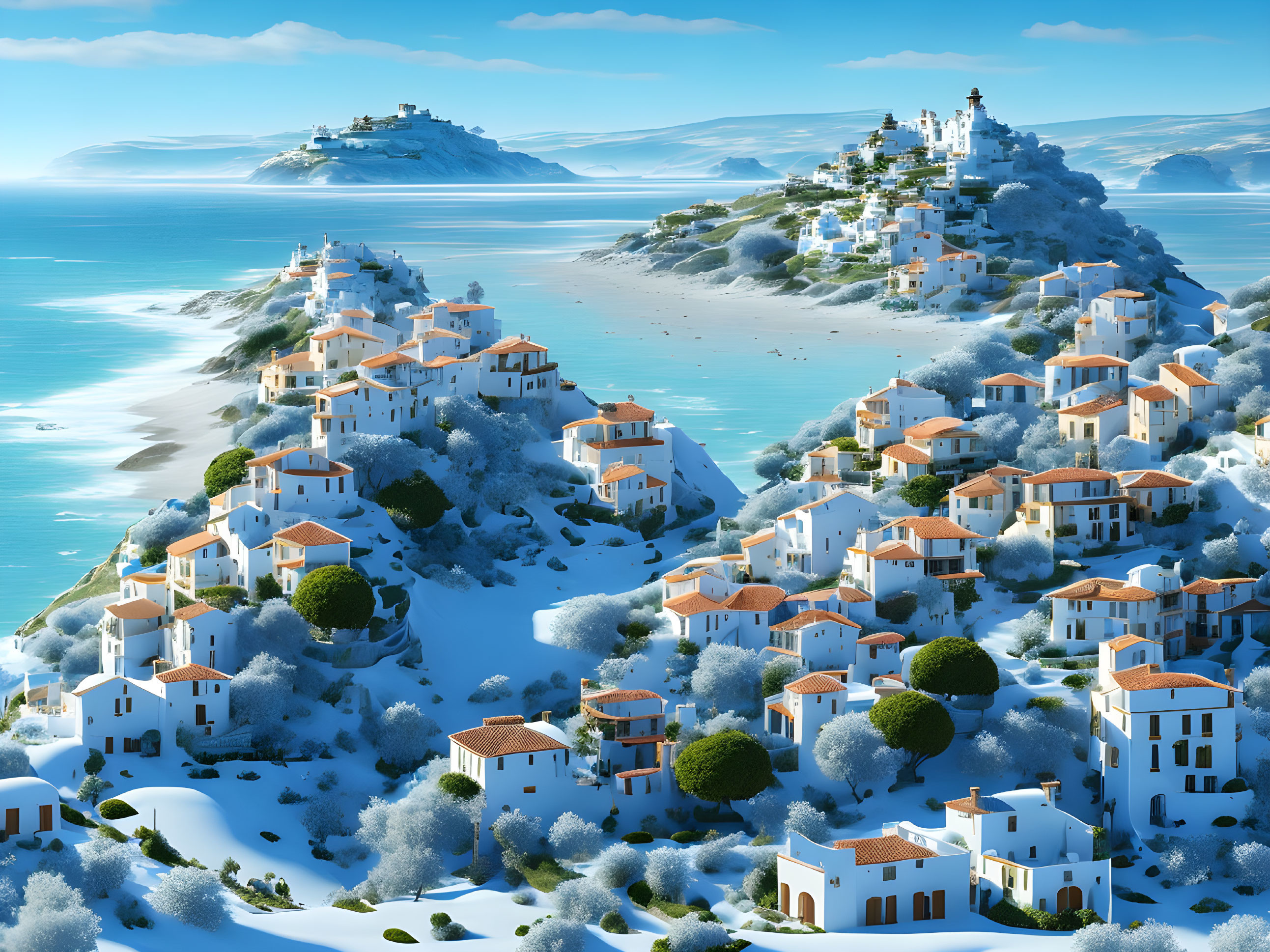 Snowy village digital art: white buildings, blue rooftops, calm sea, clear sky