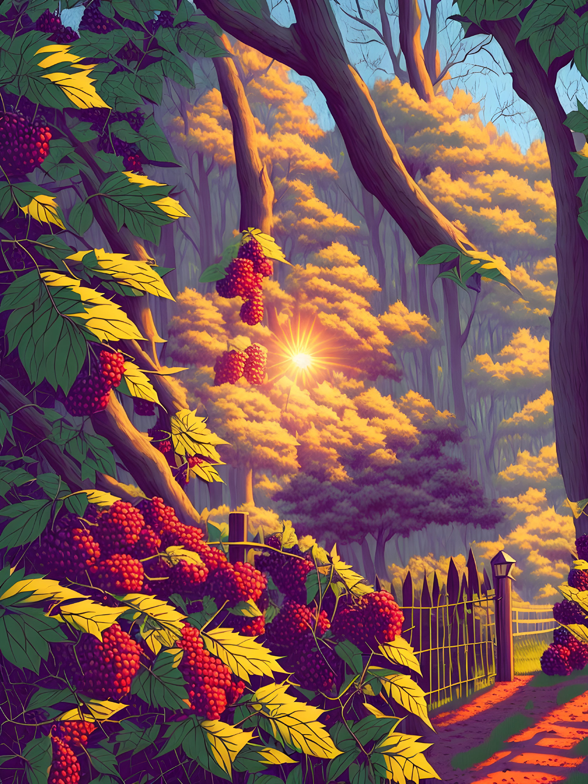 Tranquil forest sunset with warm glow on path and ripe blackberries