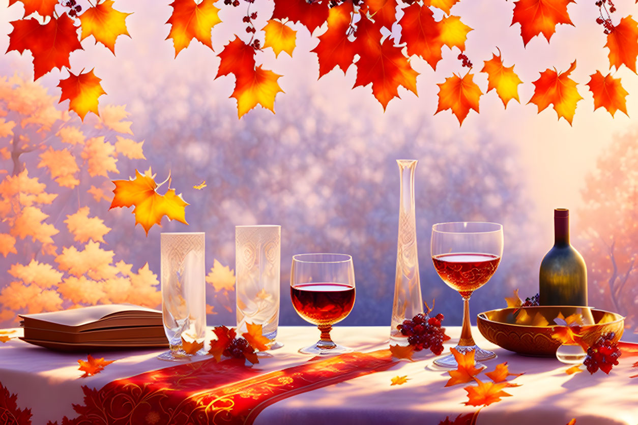 Autumnal Scene with Wine, Grapes, and Book on Table