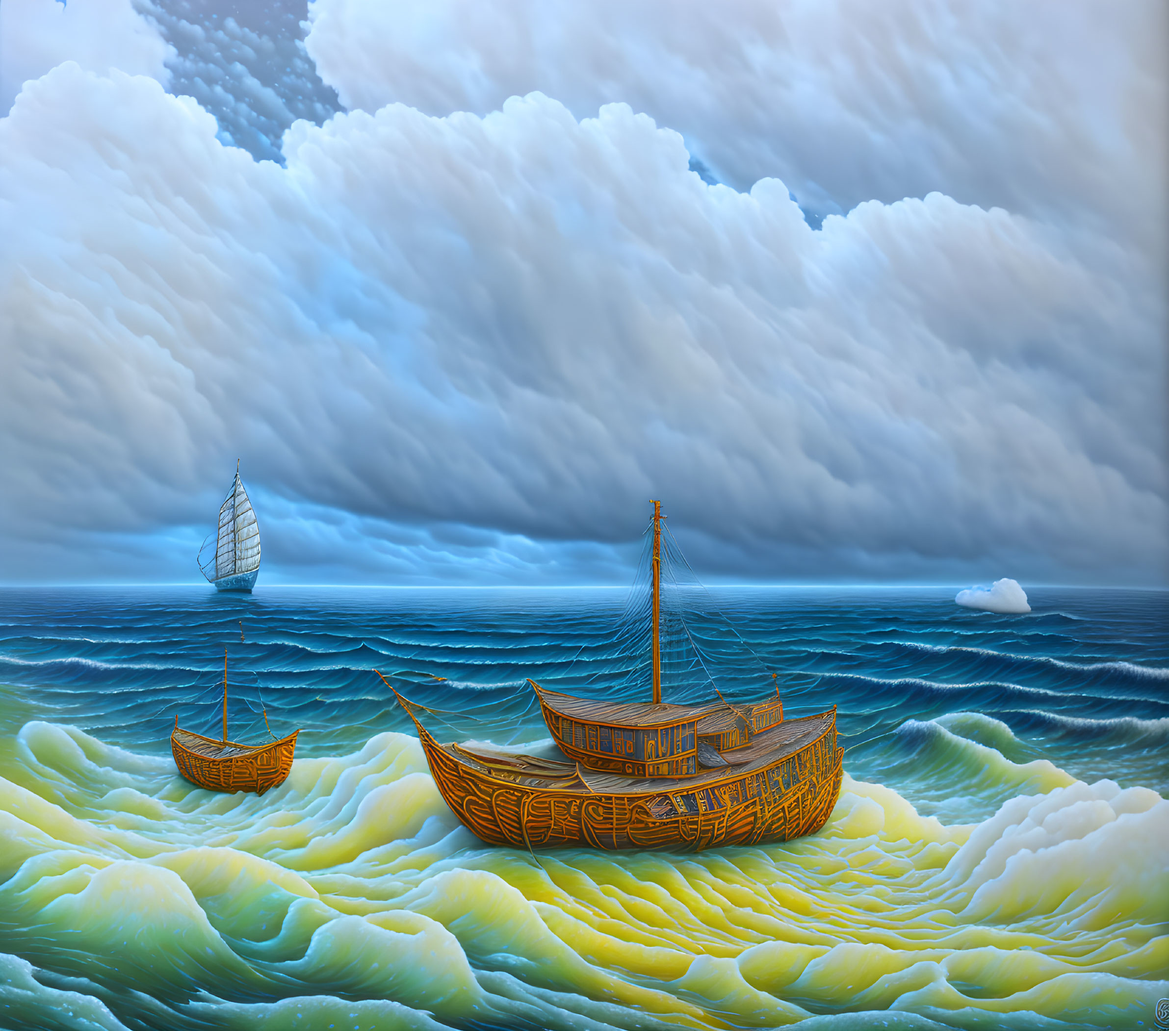 Three wooden ships on surreal green-blue sea under cloudy sky