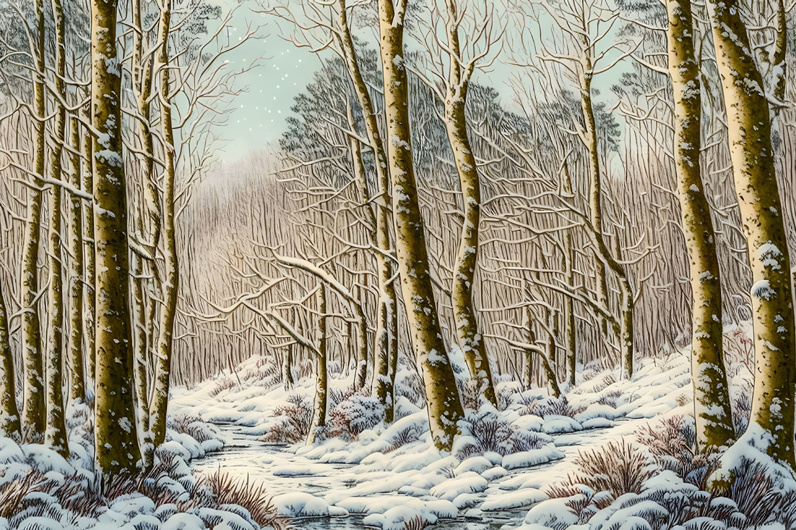 Snowy forest landscape with bare trees and falling snowflakes