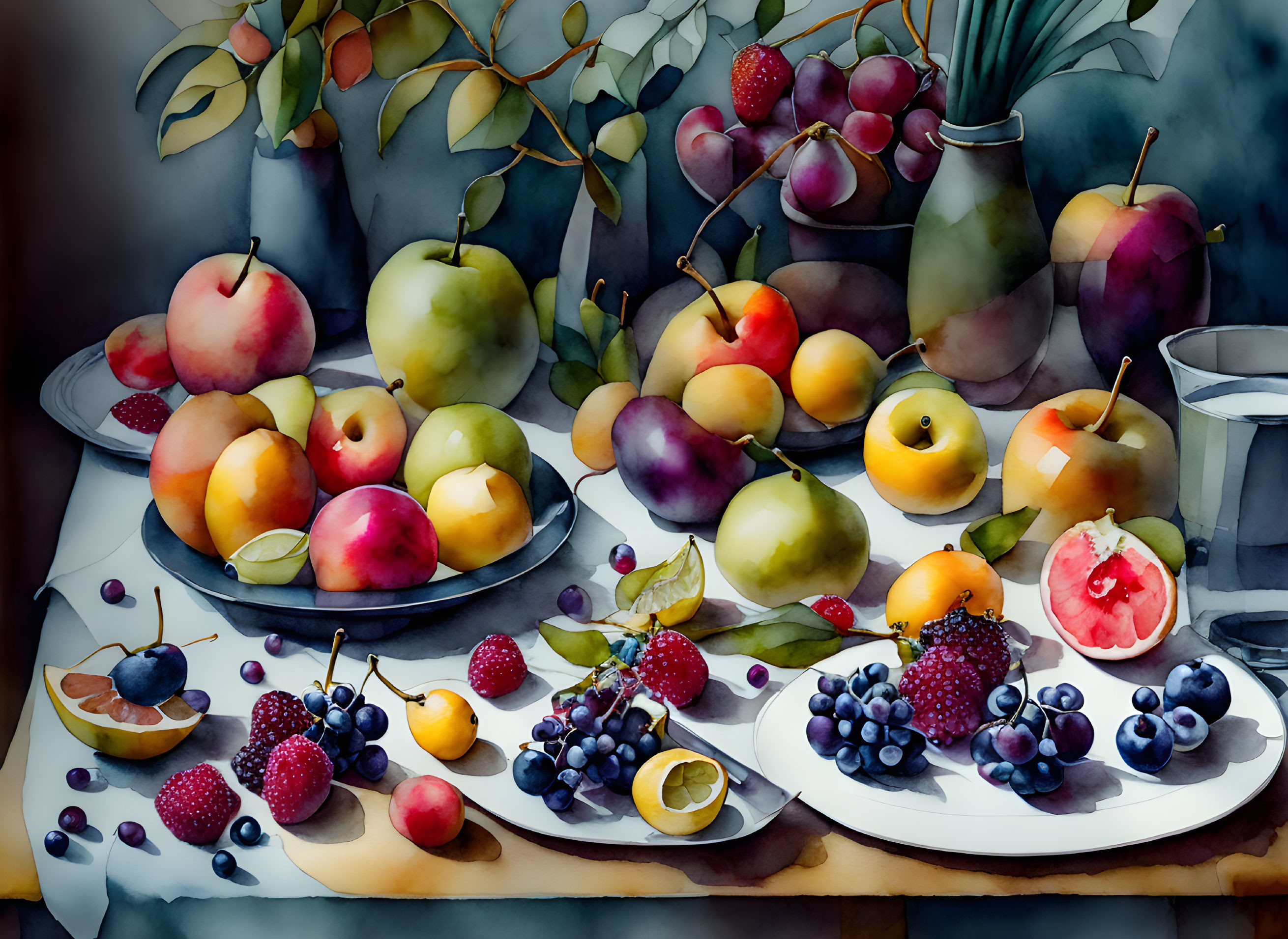 Vibrant watercolor still life with fruits on plates and vase branches