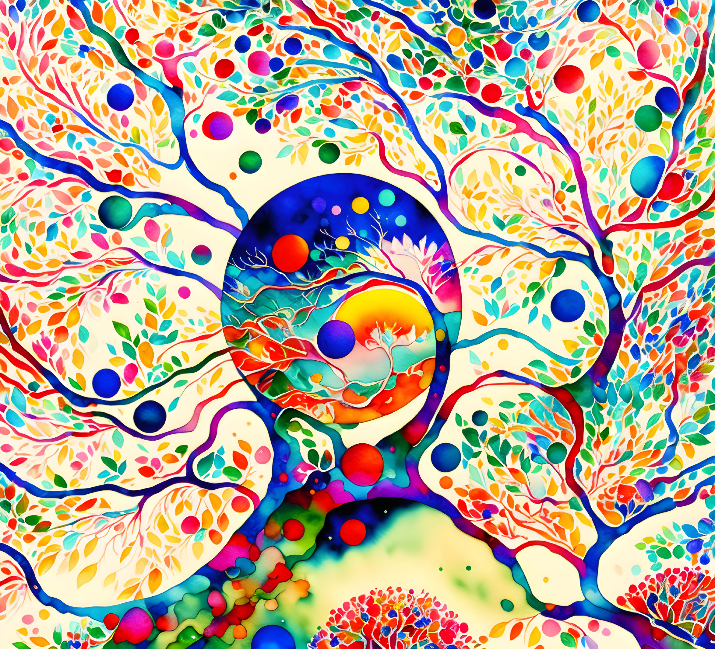 Colorful Abstract Tree of Life Painting with Swirling Branches and Orbs