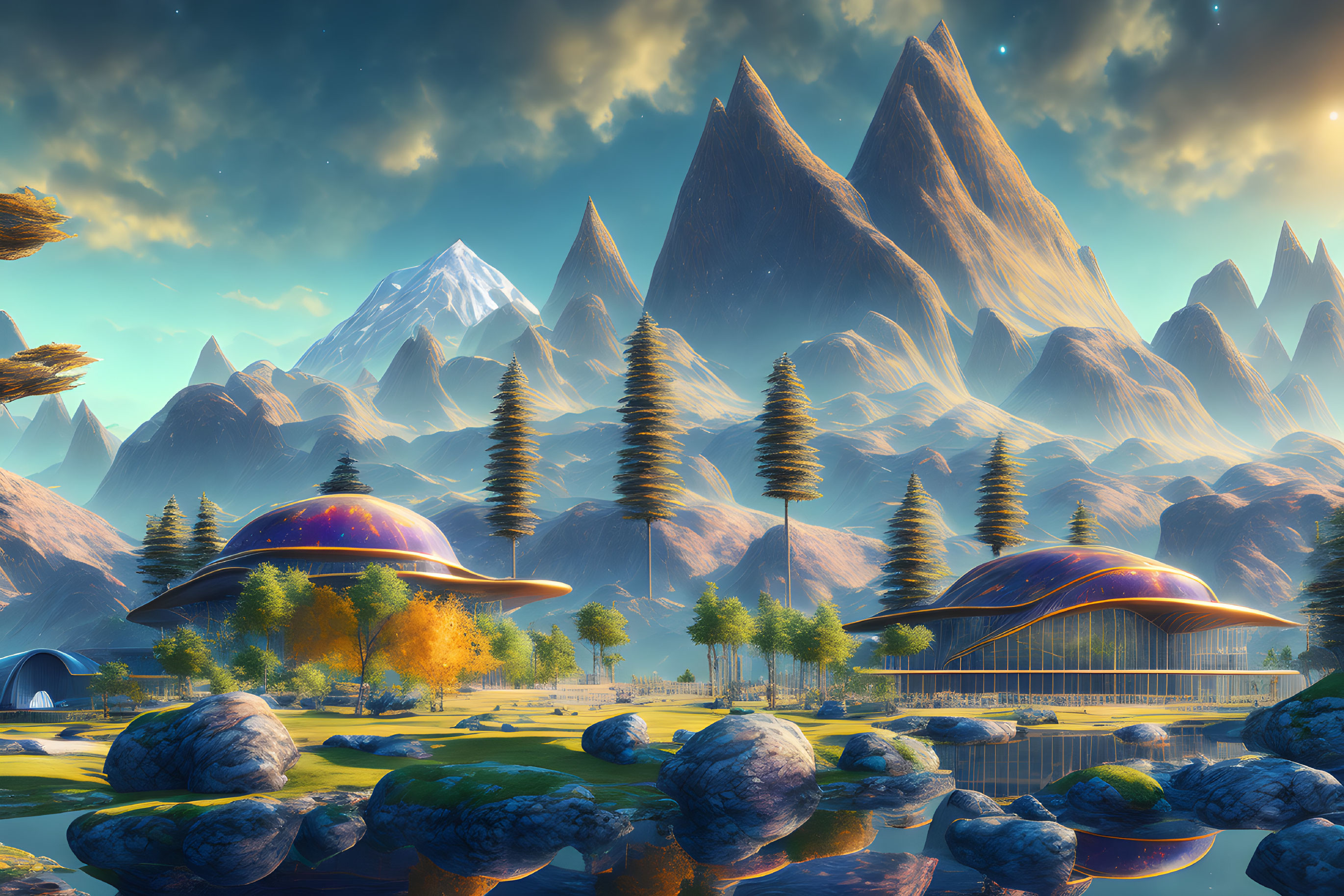 Futuristic landscape with mountains, UFO structures, pine trees, lake, starry sky