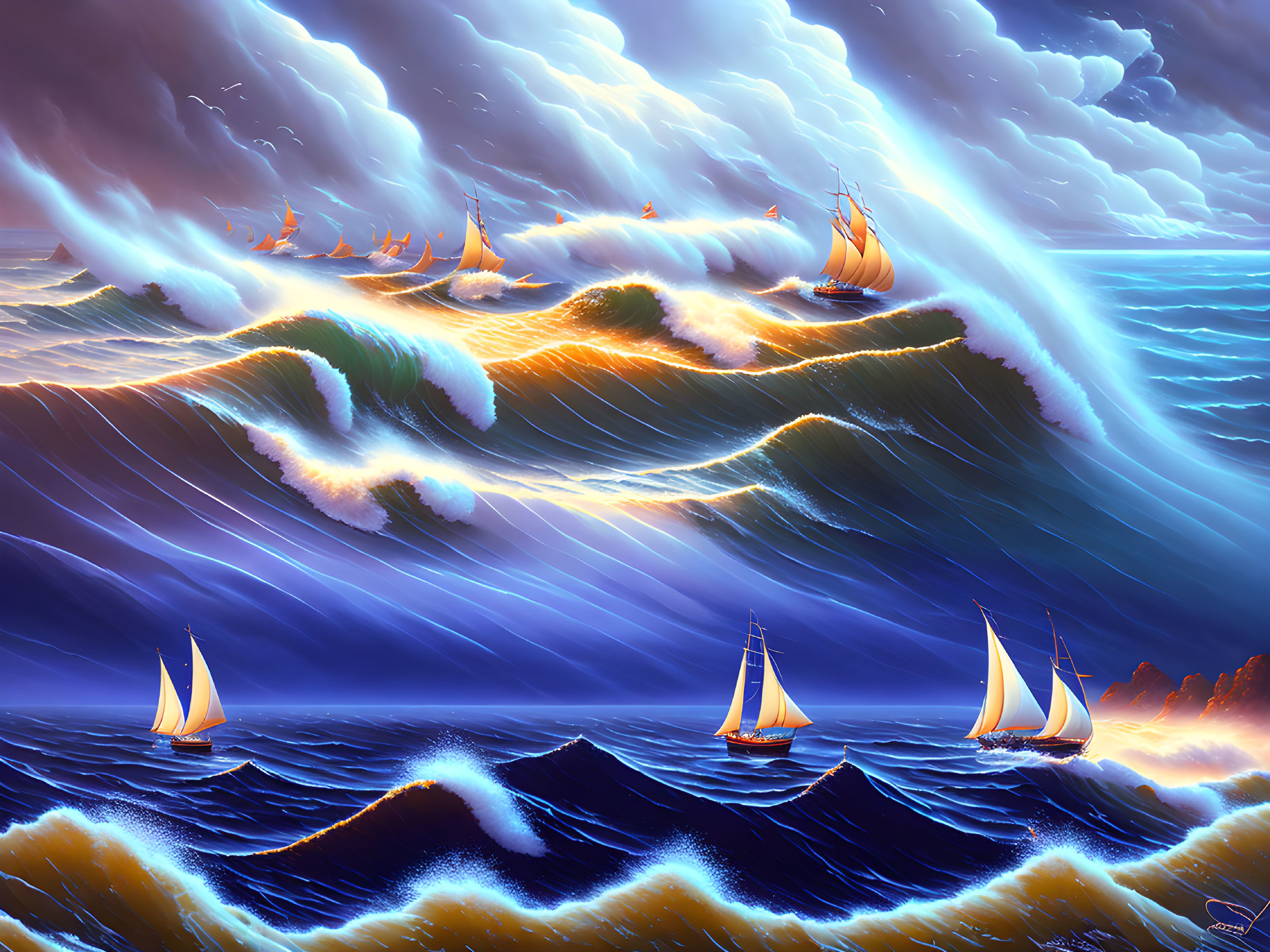 Vibrant digital artwork: Sailing ships on tumultuous ocean under dynamic sky