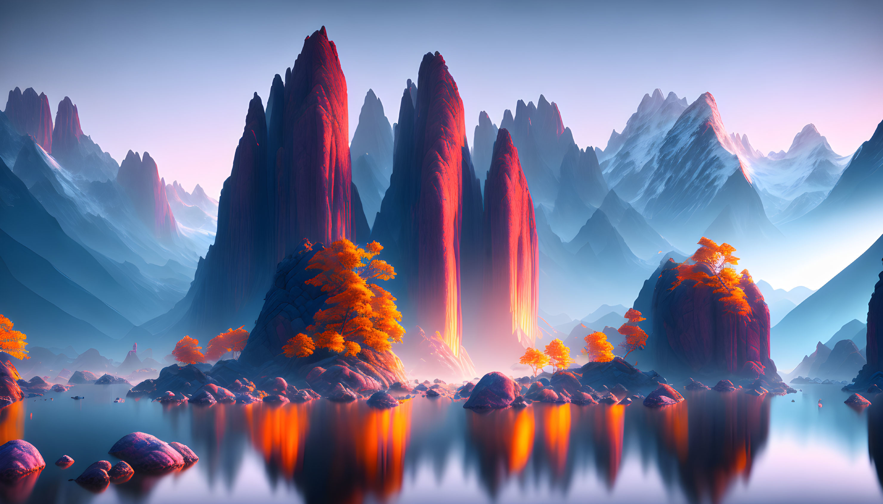 Majestic red rock formations in misty mountain landscape