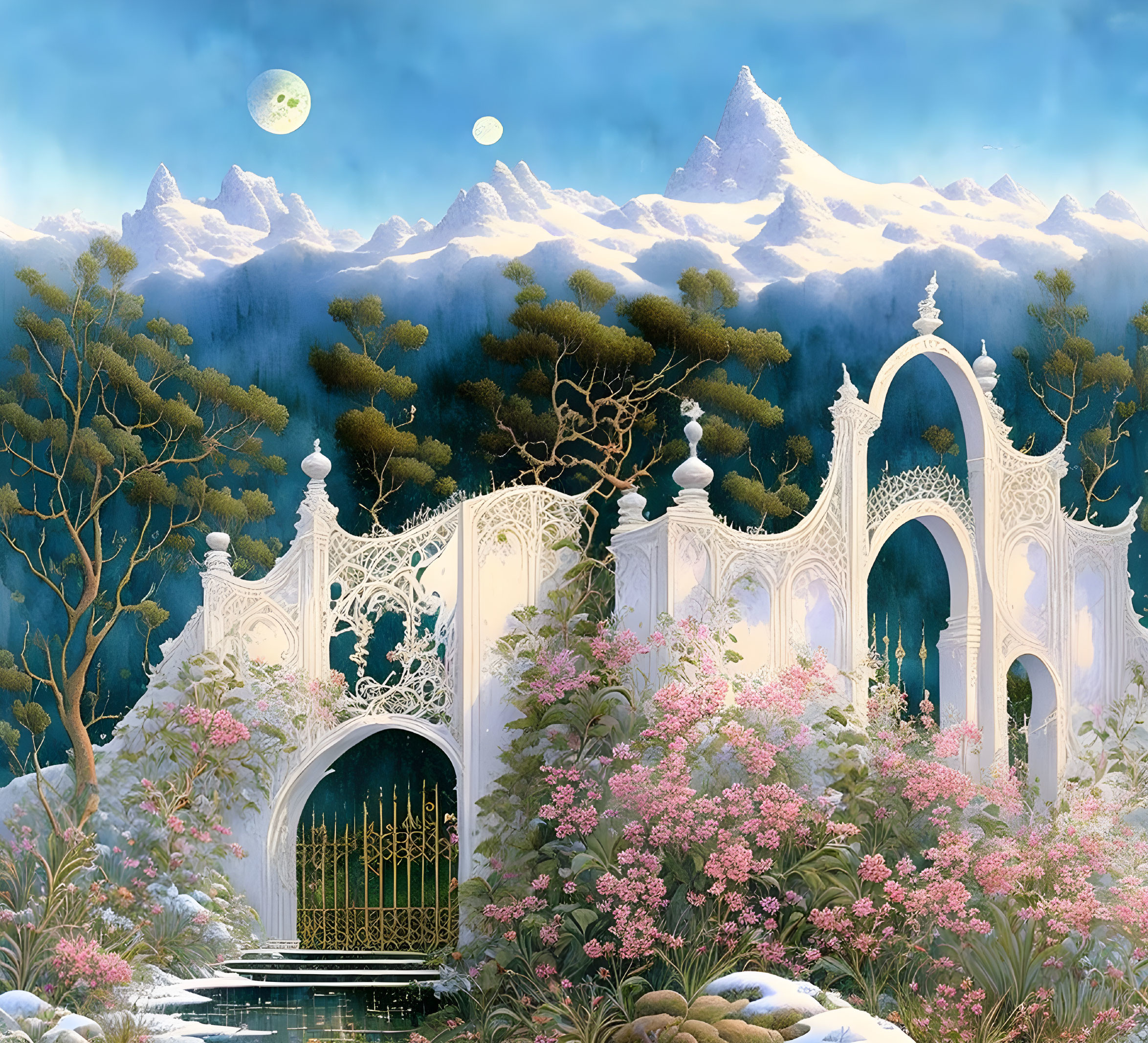 White Gate Surrounded by Pink Flowers, Trees, Mountains, and Two Moons in the Sky