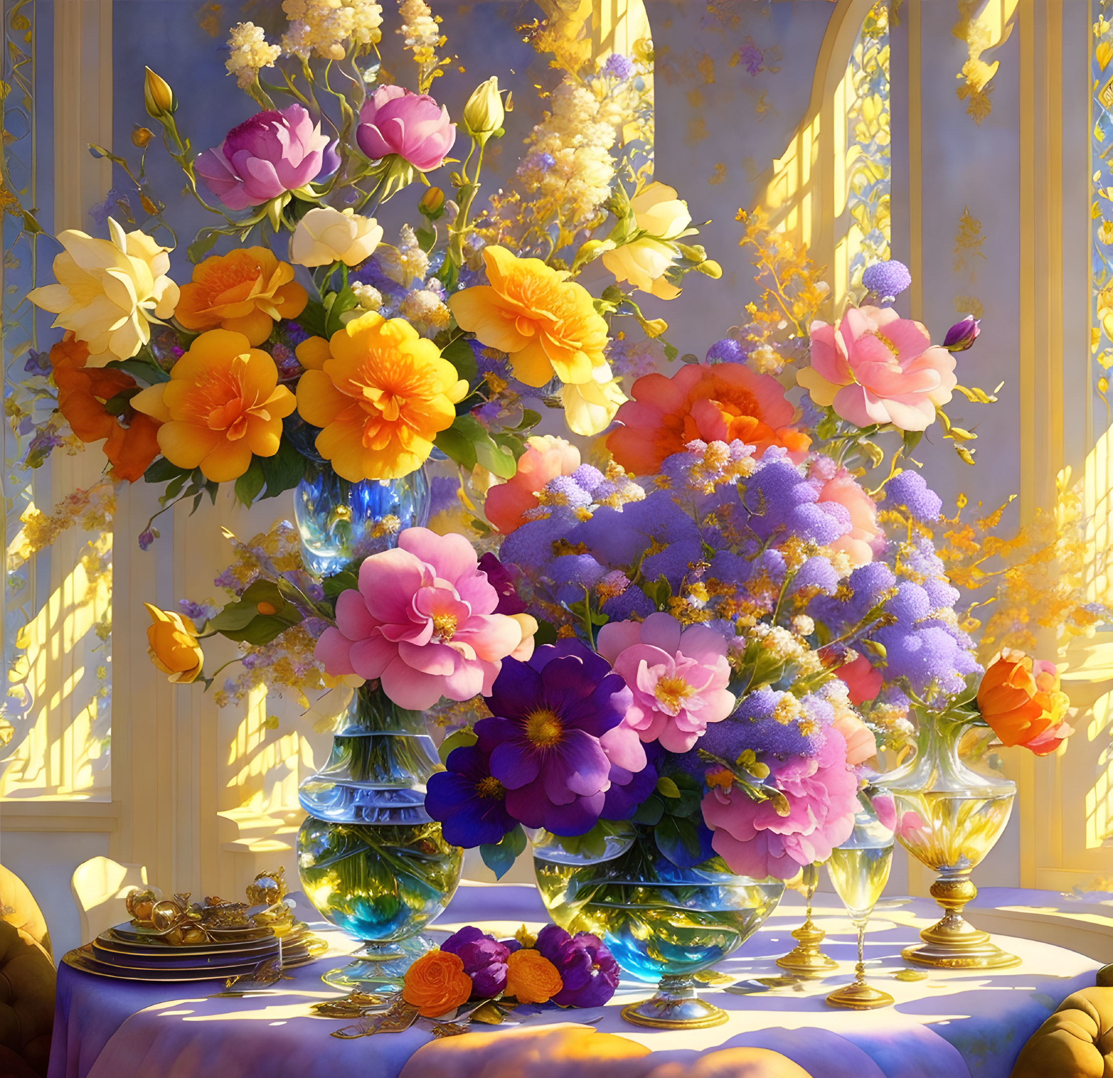 Colorful Flowers in Blue Vase with Sunlit Patterns on Golden Table