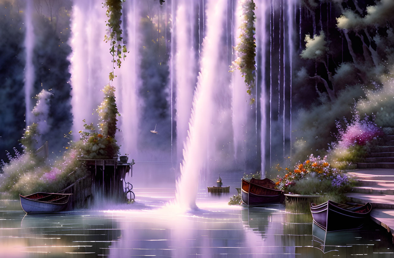 Lush greenery and flowers surround mystical waterfall with sunbeams and rowboats