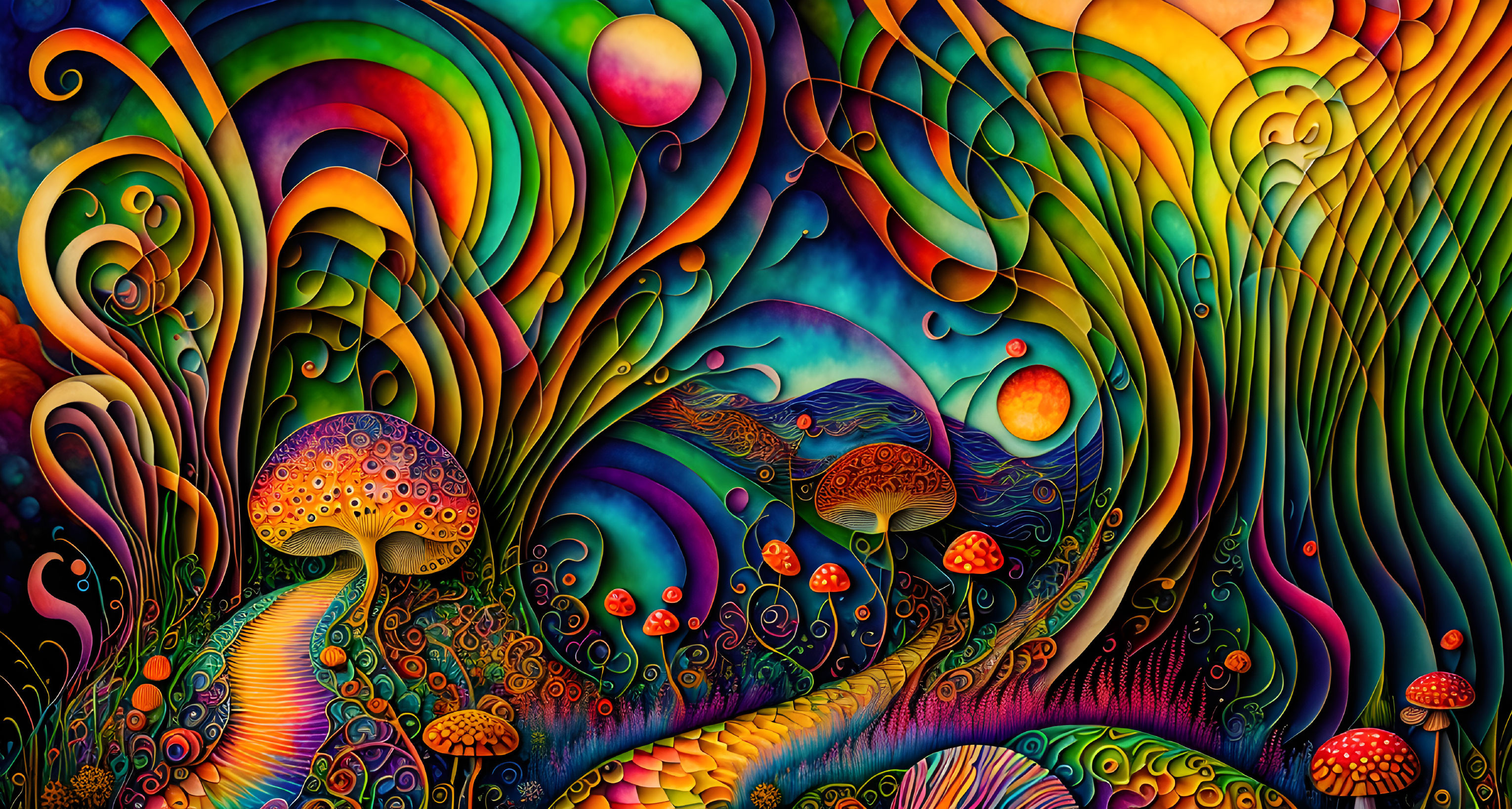 Colorful Psychedelic Art: Whimsical Landscapes with Mushrooms