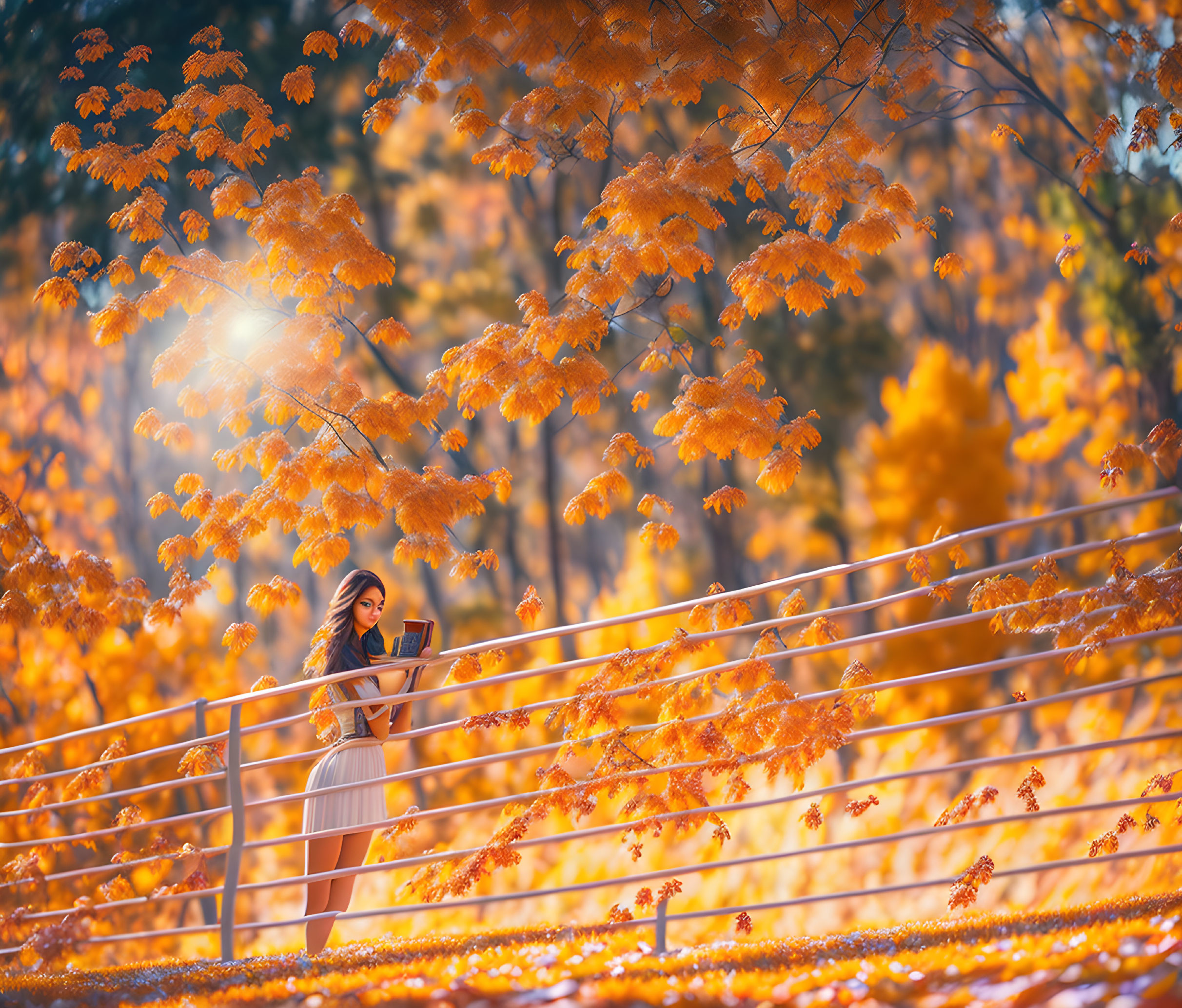 Person under vibrant autumn leaves canopy with sunlight filtering through fence.