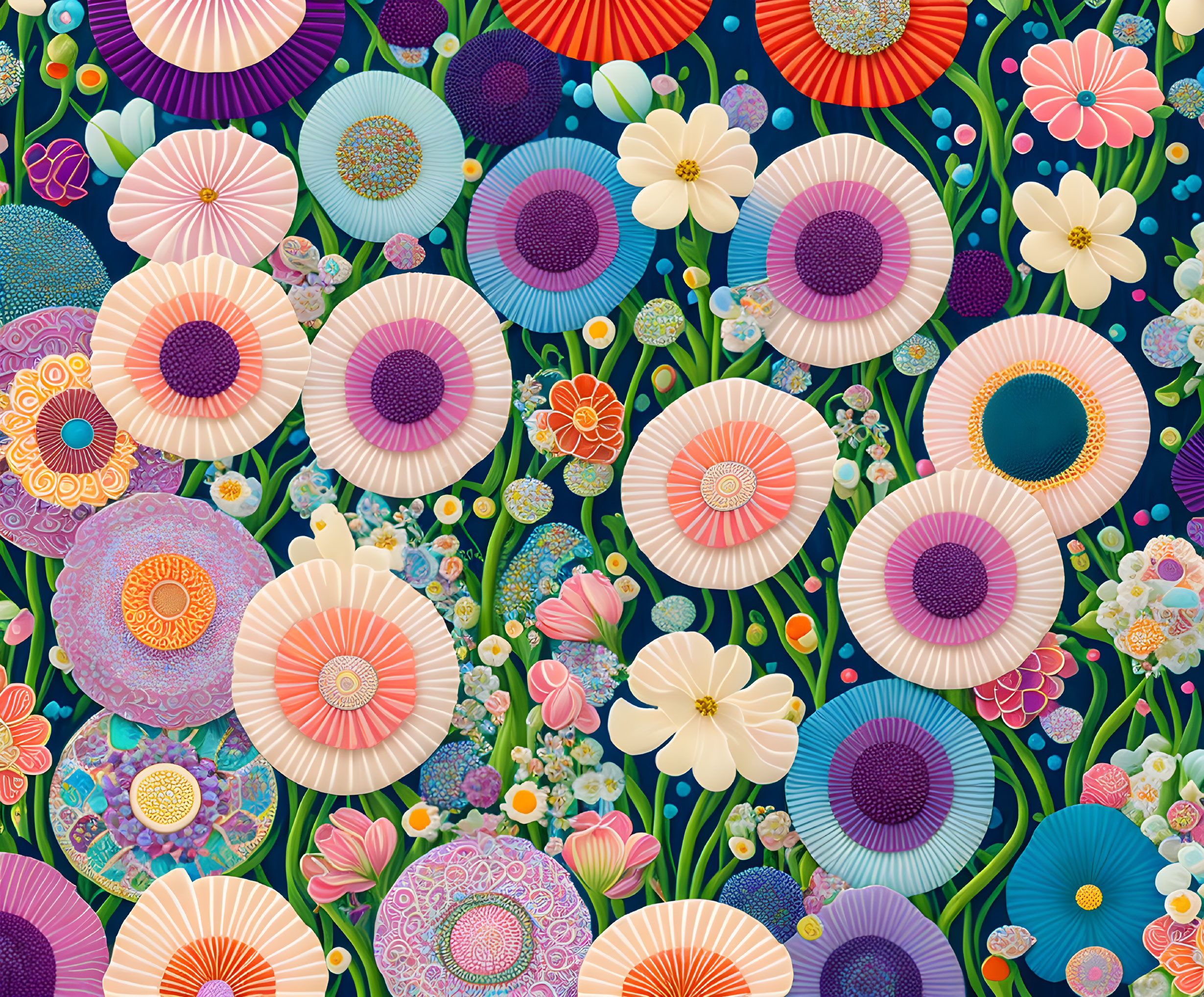 Colorful Floral and Circular Pattern on Dark Blue Background