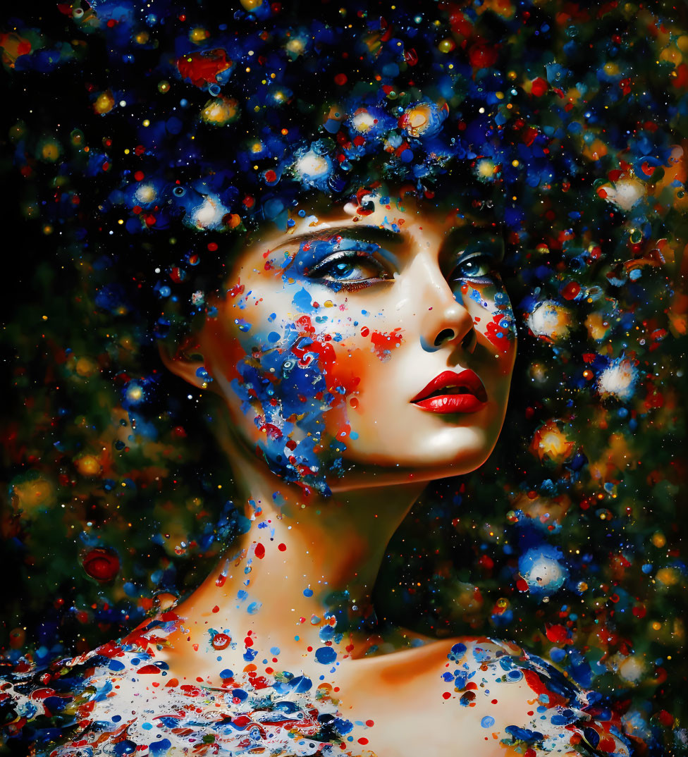 Vibrant image of a woman with blue eyes and cosmic colors