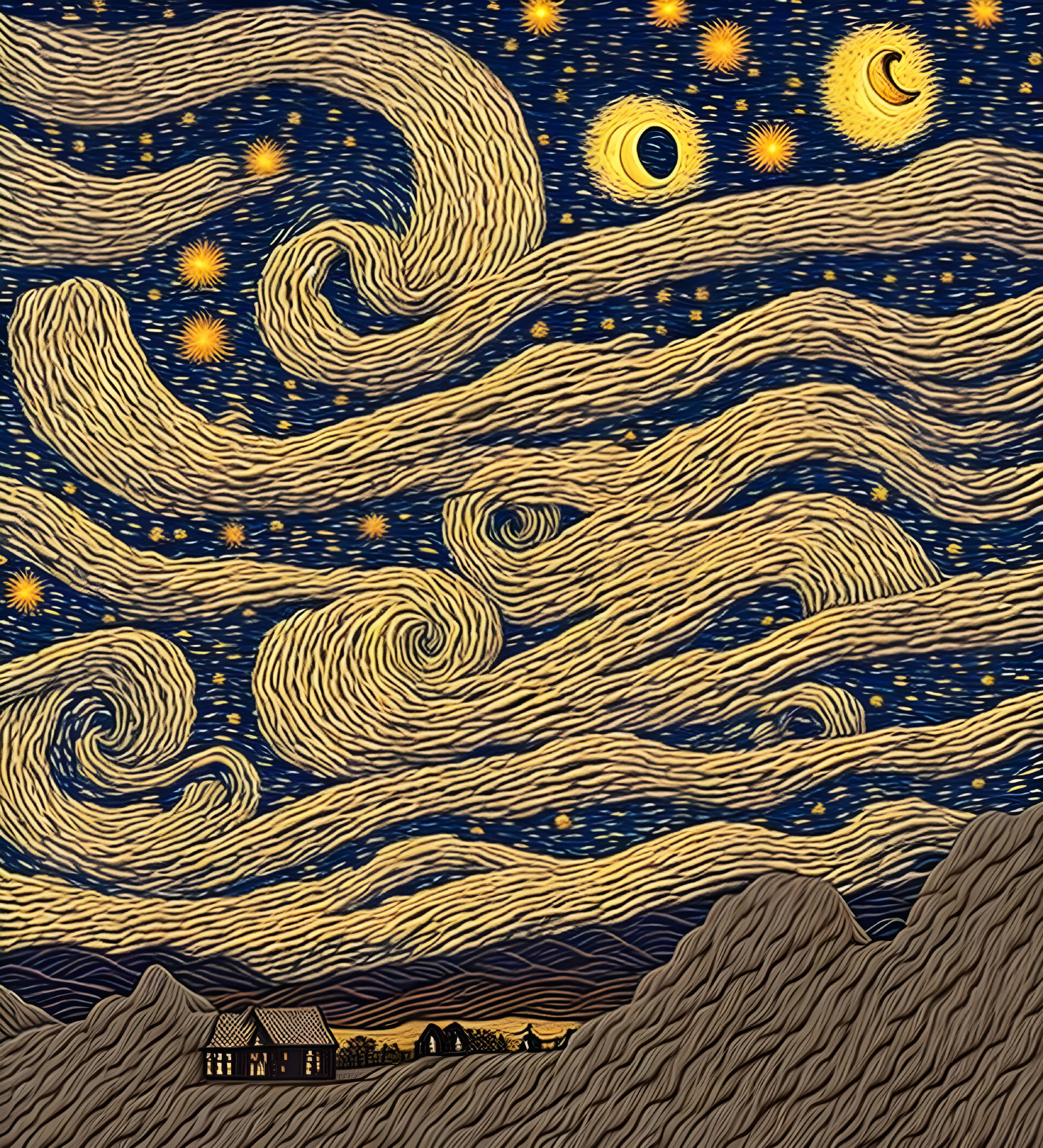 Digital illustration of swirling stars, crescent moon, and tranquil village inspired by "Starry Night