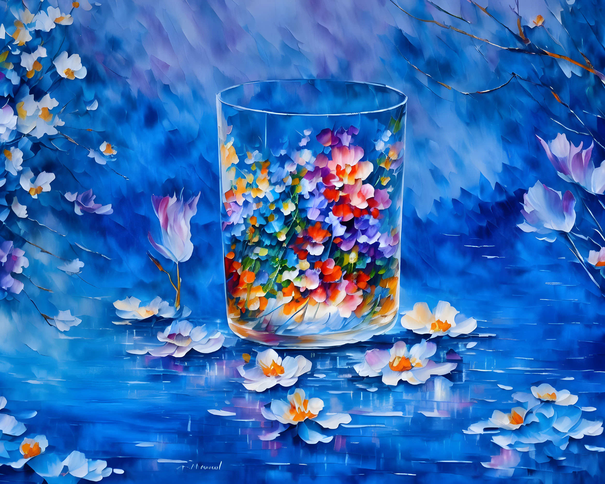 Colorful Flower-Filled Glass Painting on Textured Blue Background