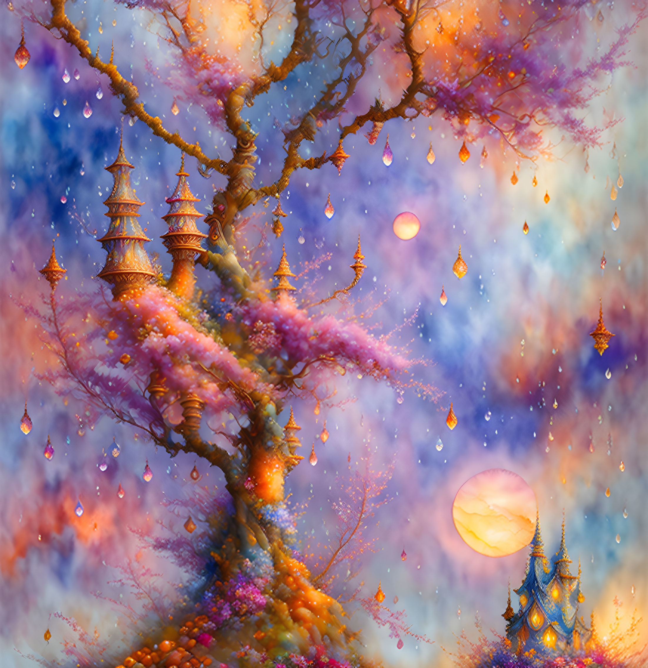 Ethereal tree, lanterns, temple under colorful sky