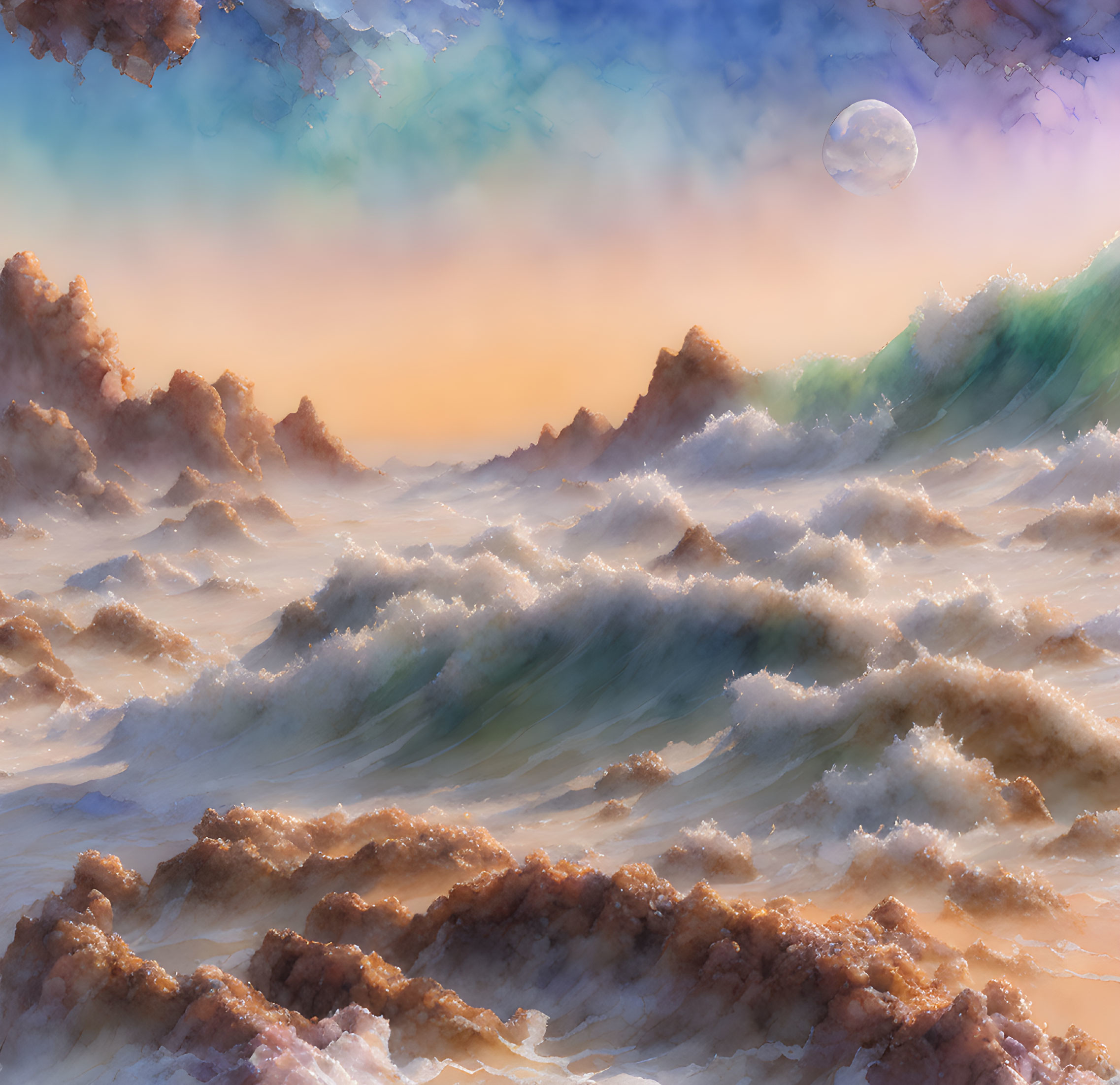 Surreal landscape with rough sea waves, cloud-like formations, gradient sky.