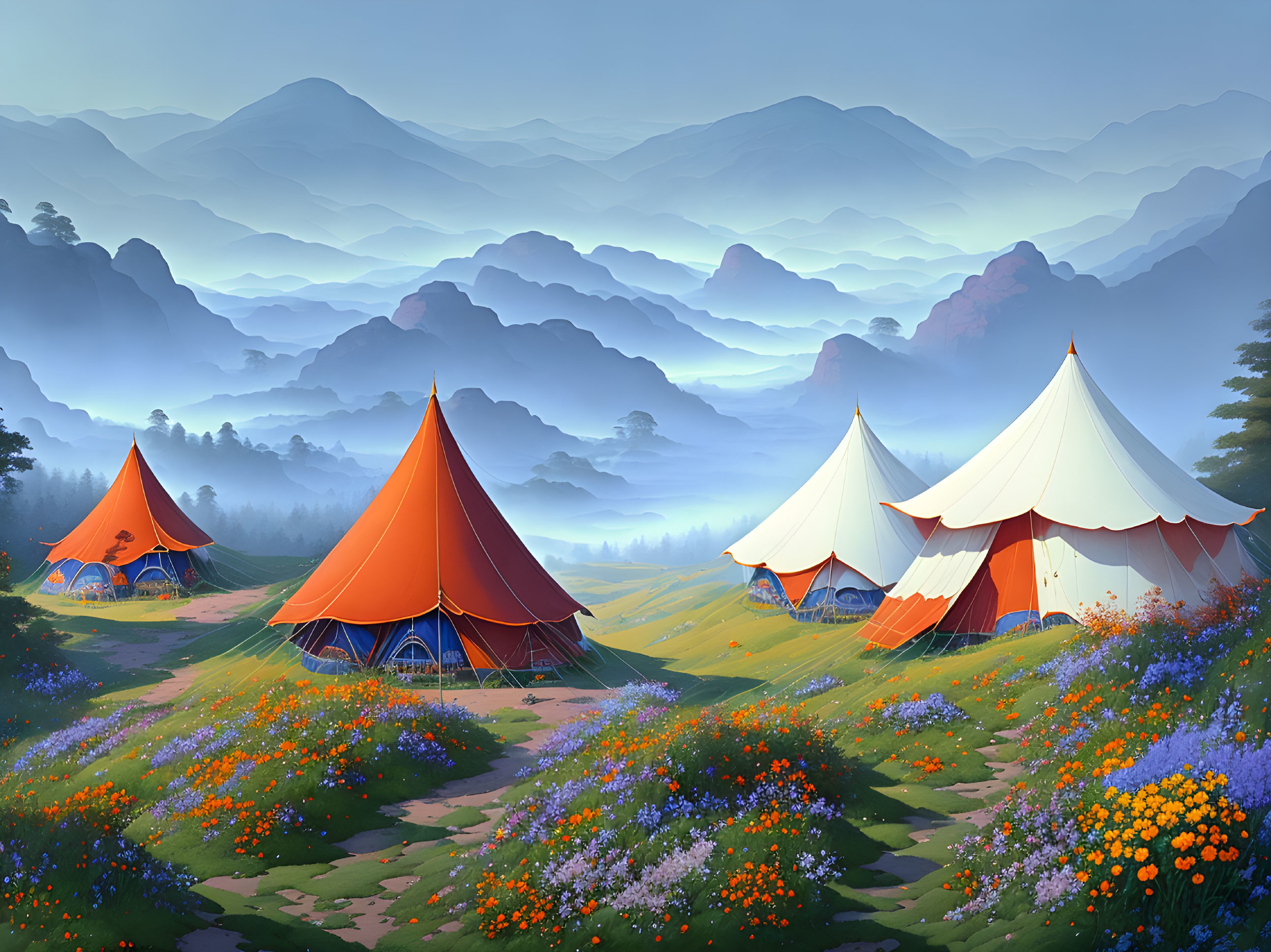 Colorful Tents in Blooming Meadow with Misty Mountains