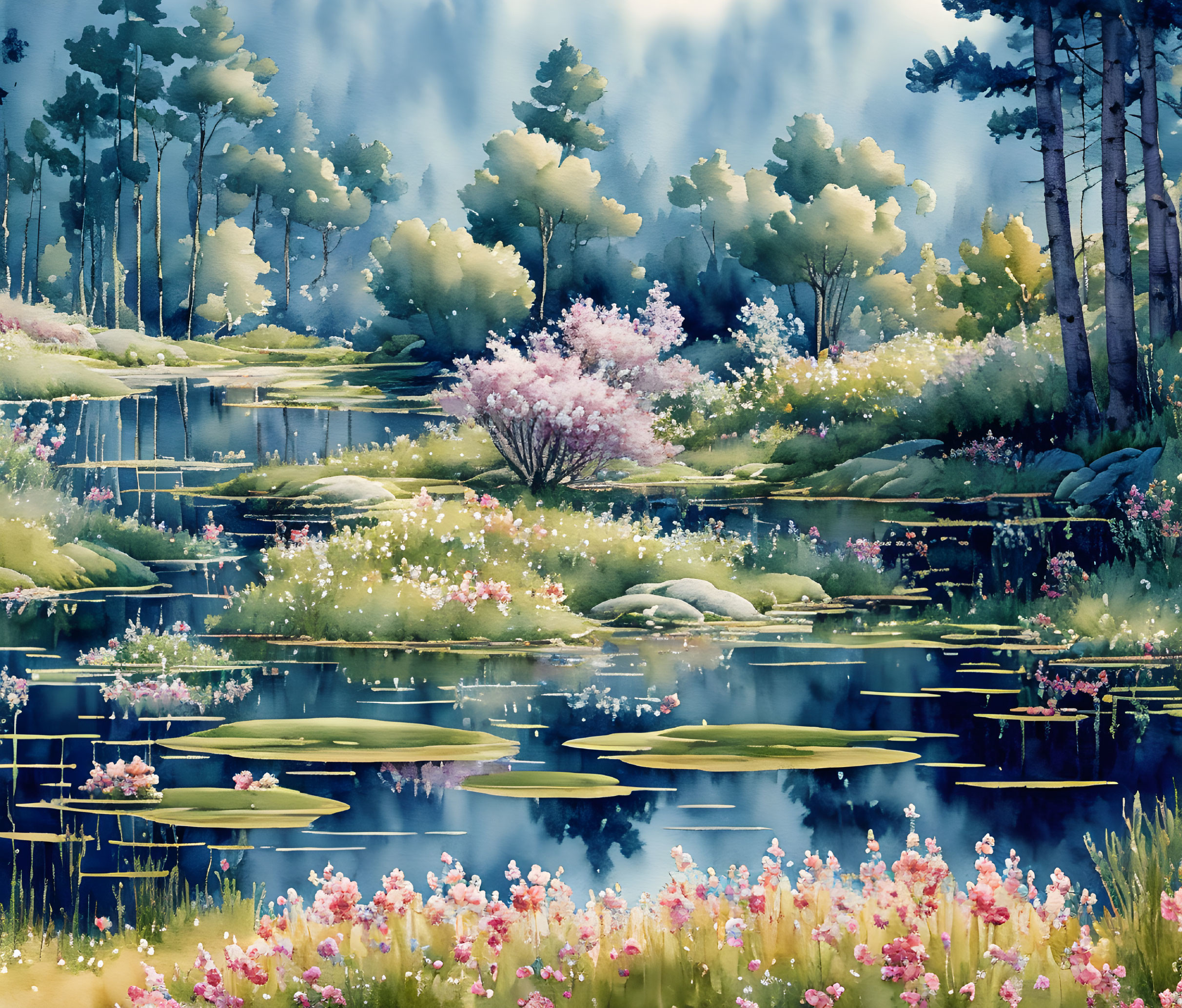 Tranquil watercolor landscape with cherry tree and lily pads