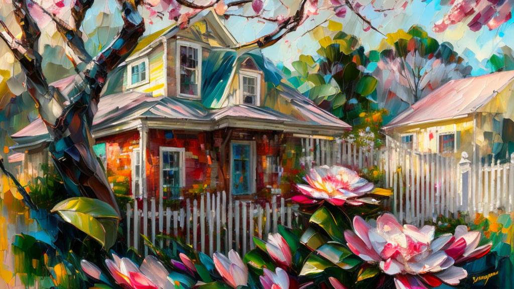 Colorful Impressionistic Painting of Quaint House with Flowers