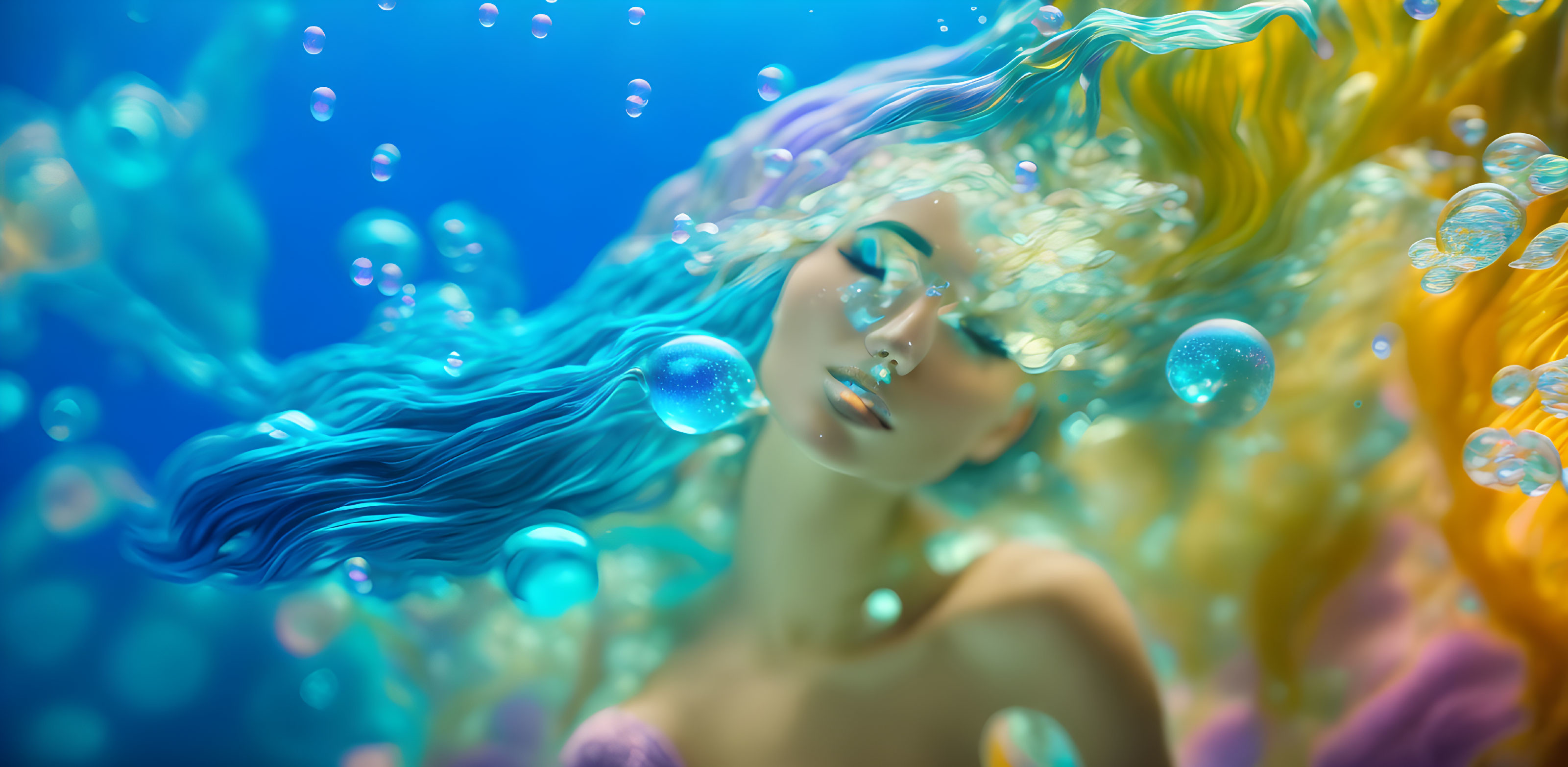 Multicolored Hair Woman Floating in Blue Water