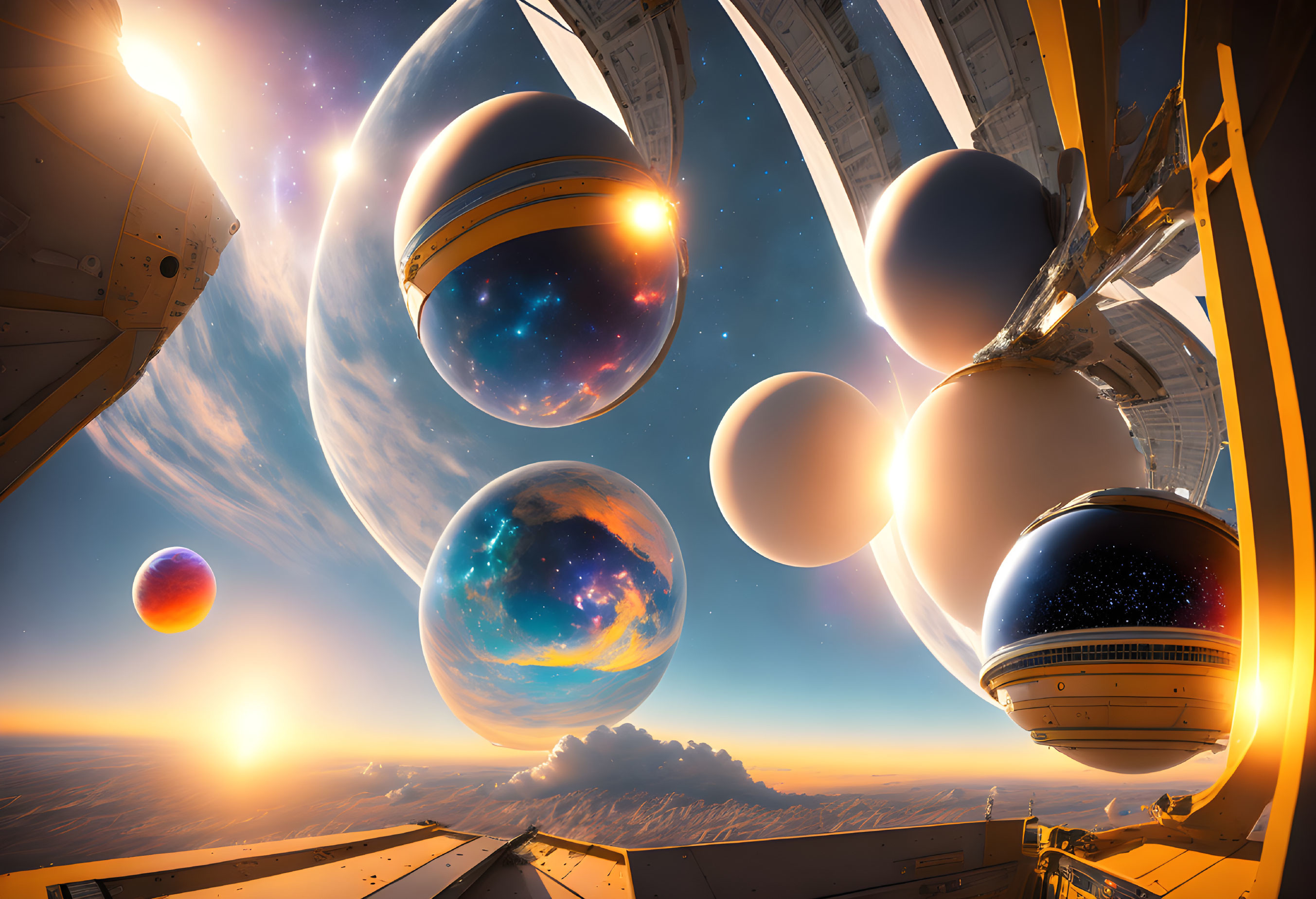 Futuristic spacecraft observation deck with celestial bodies and planets in starry sky