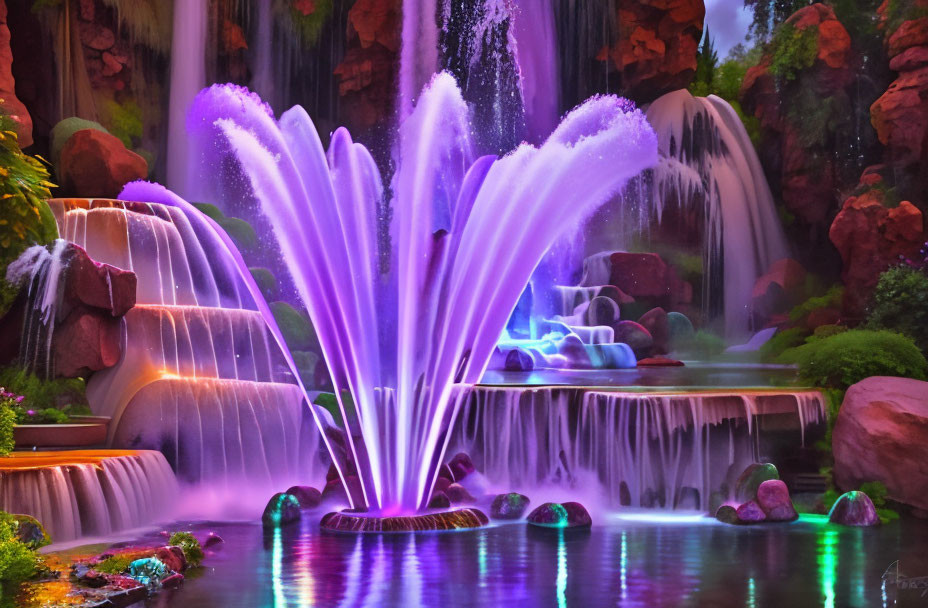 Colorful illuminated water fountain with purple lights against waterfall and greenery