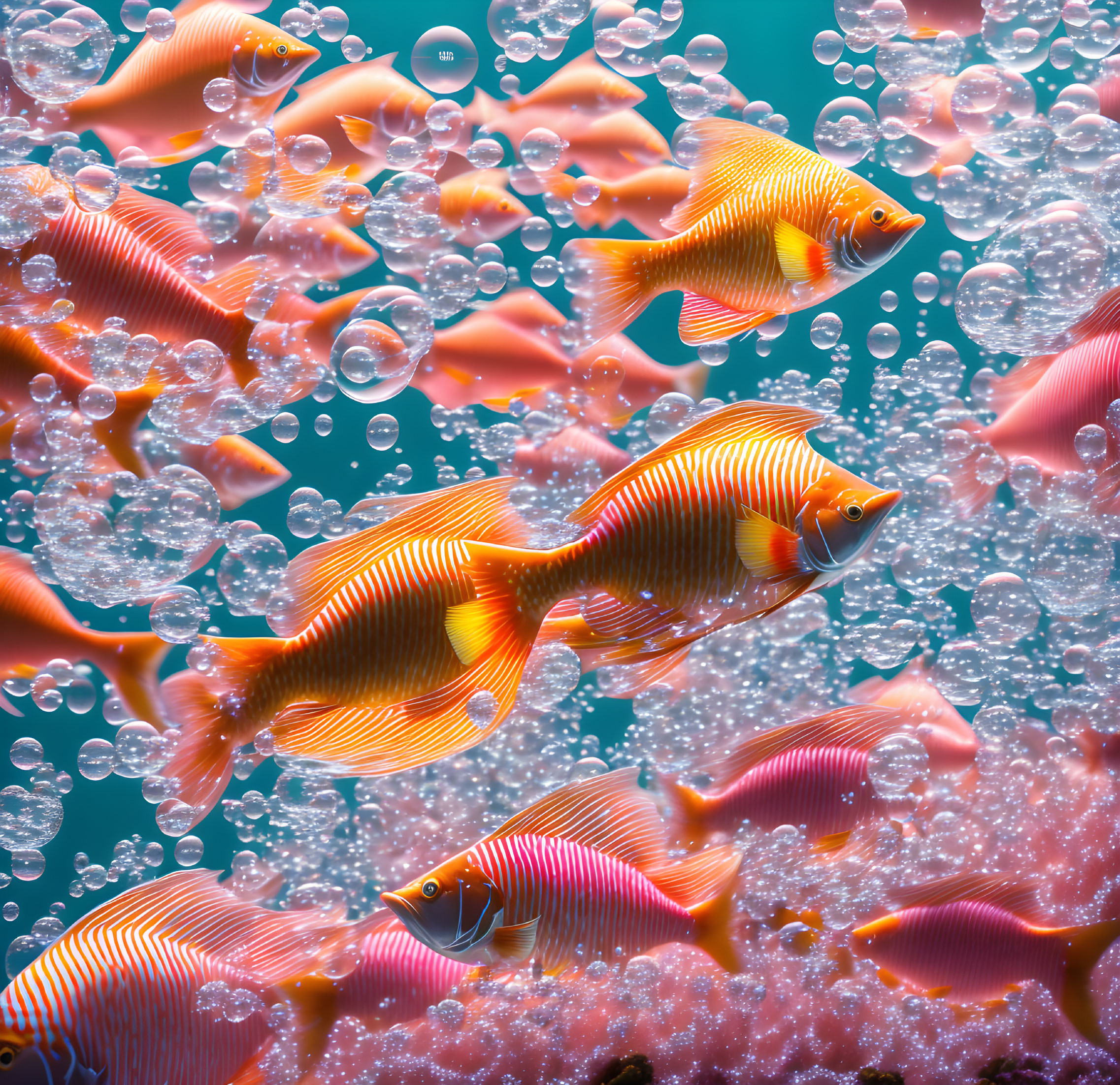 Striped orange fish in blue underwater scene with shimmering bubbles