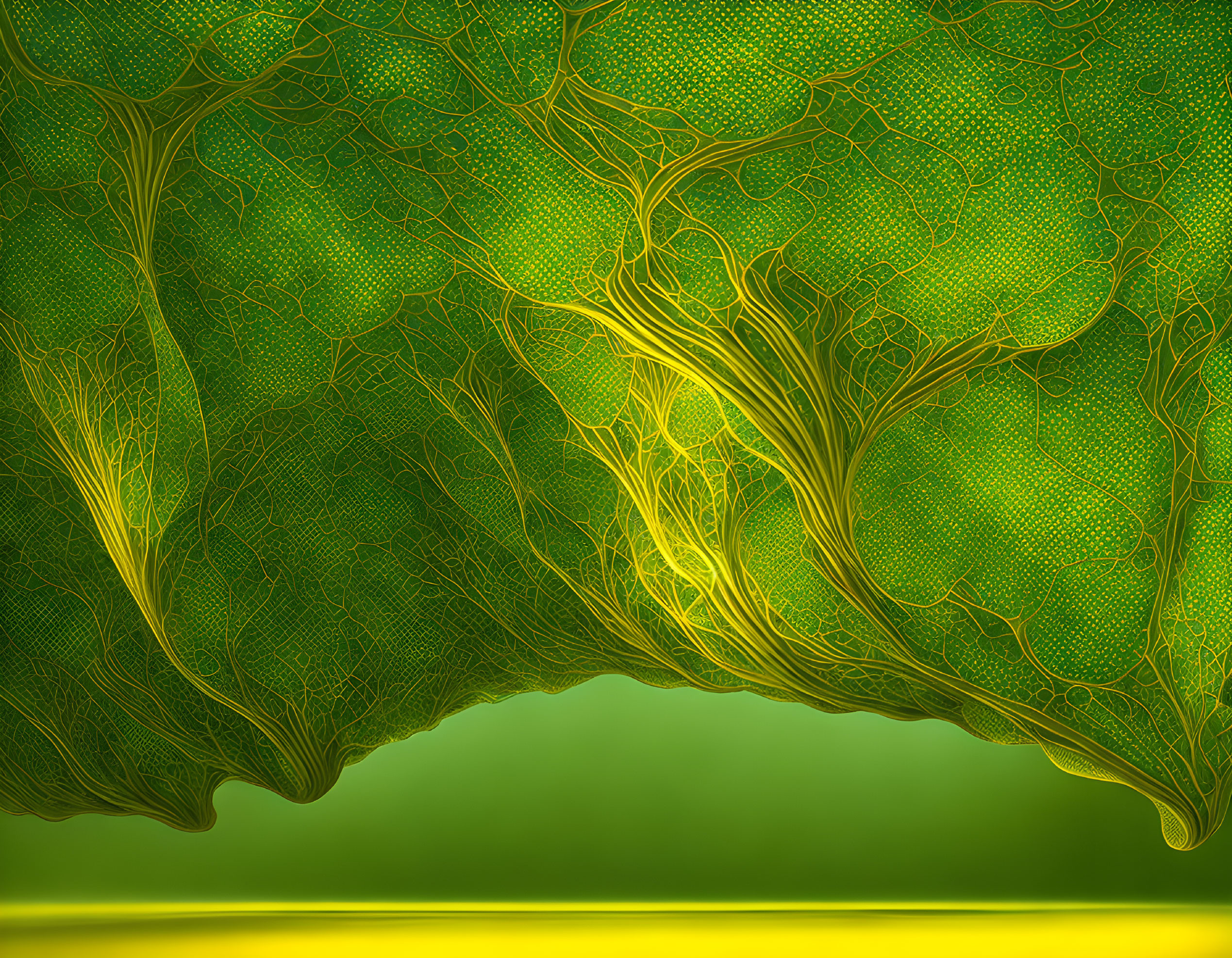 Yellow intertwined tree-like structures on green background: abstract illustration