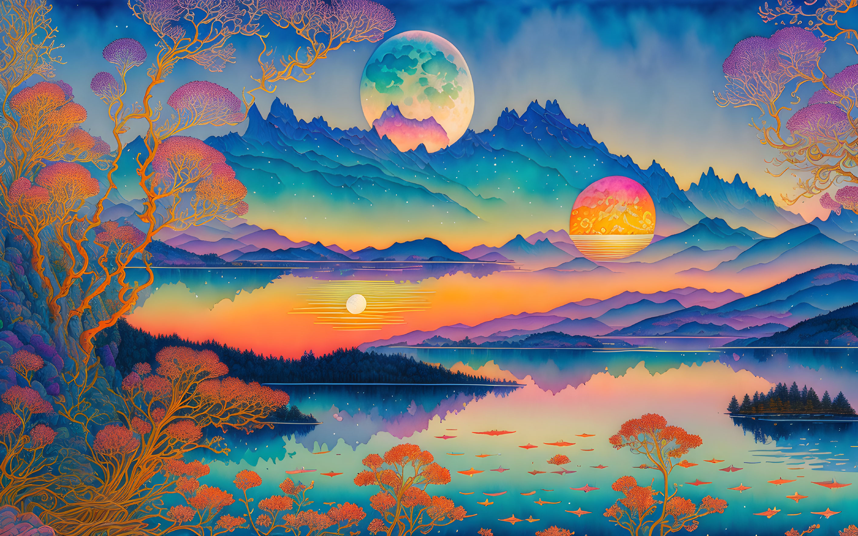 Fantastical landscape digital artwork with moon, trees, mountains, lake, and sunset.