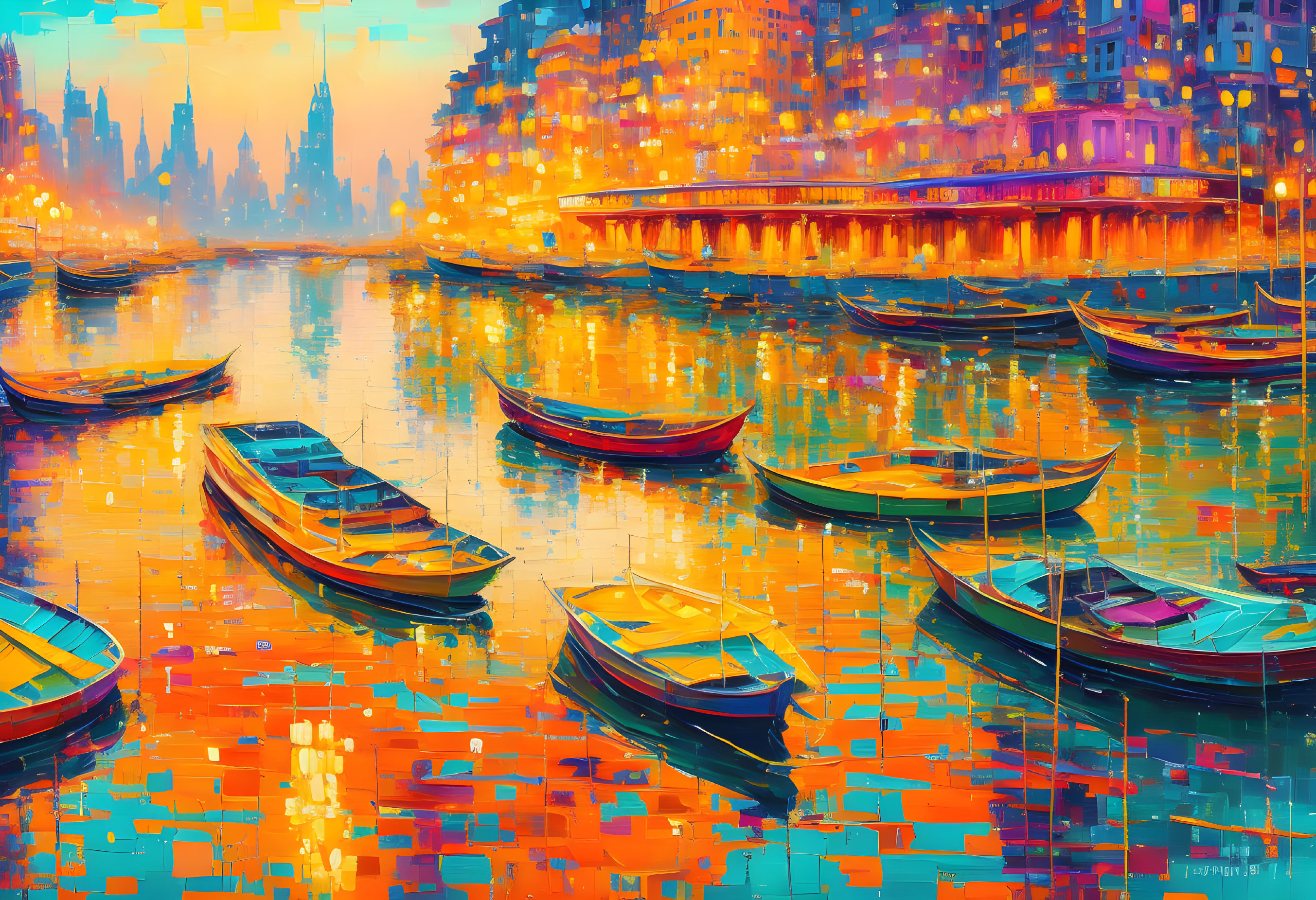 Vibrant Impressionist Painting: Boats on Water with Dusk Background