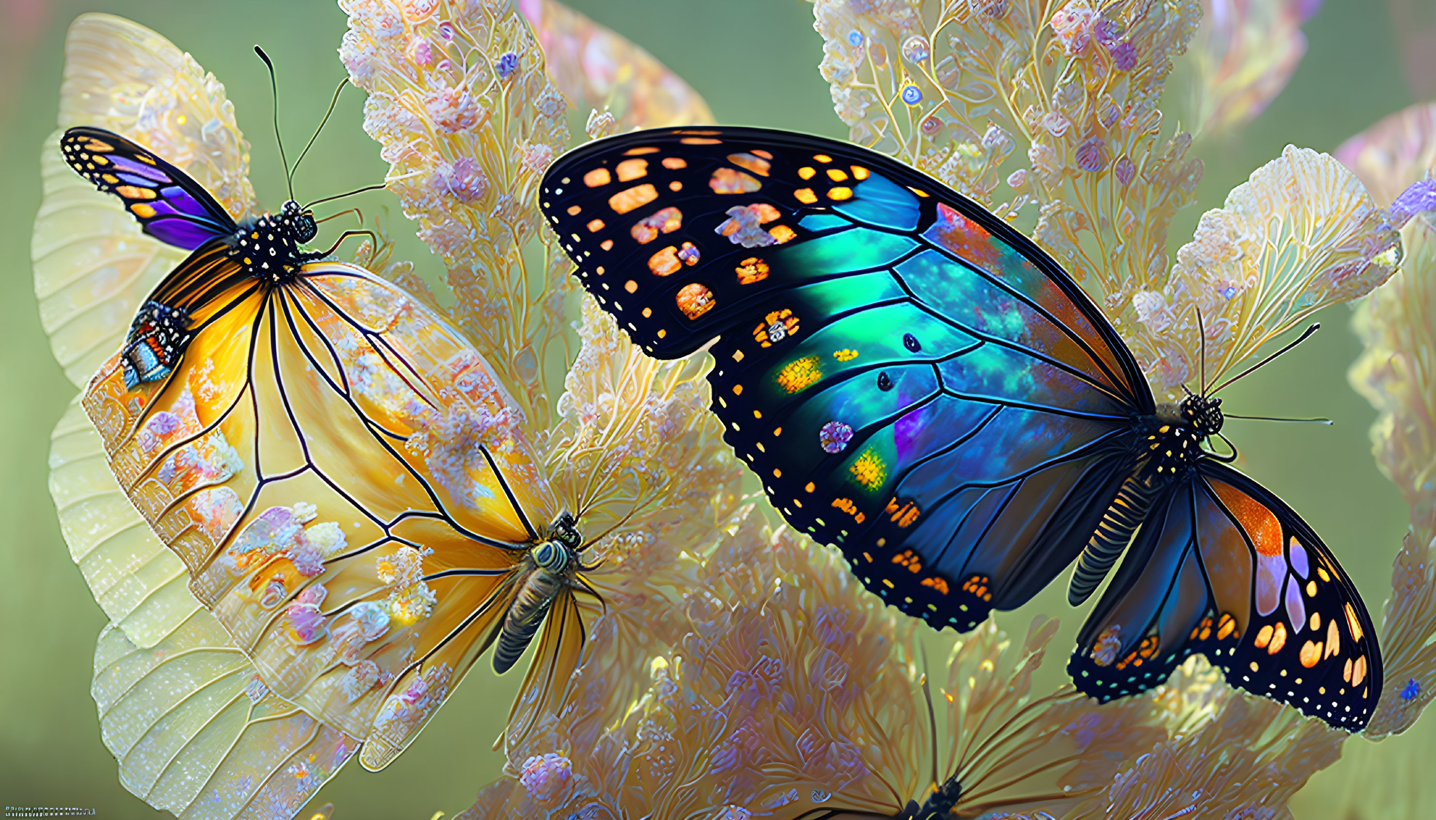 Colorful butterflies on flowers against green backdrop