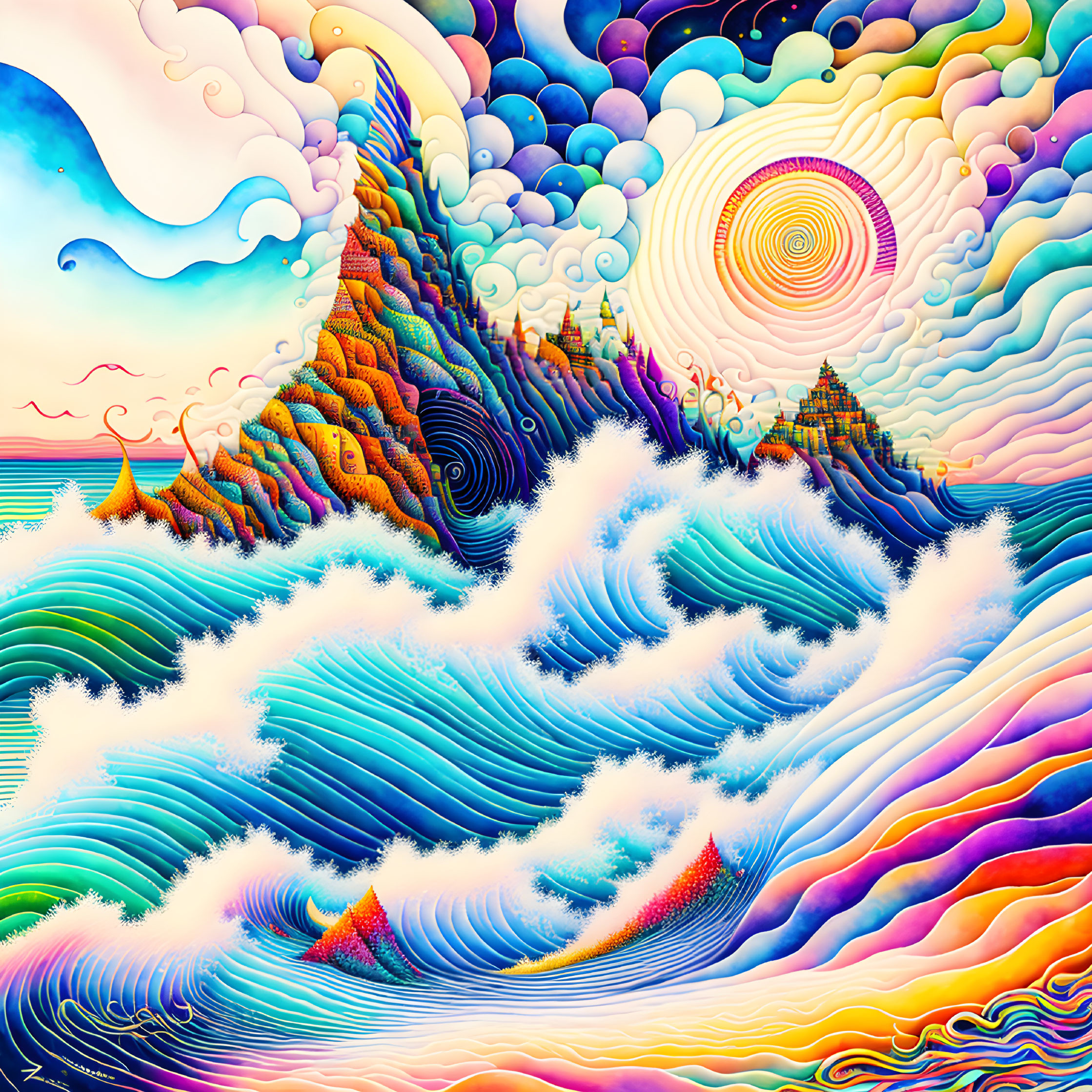 Colorful Psychedelic Artwork Featuring Waves and Sky