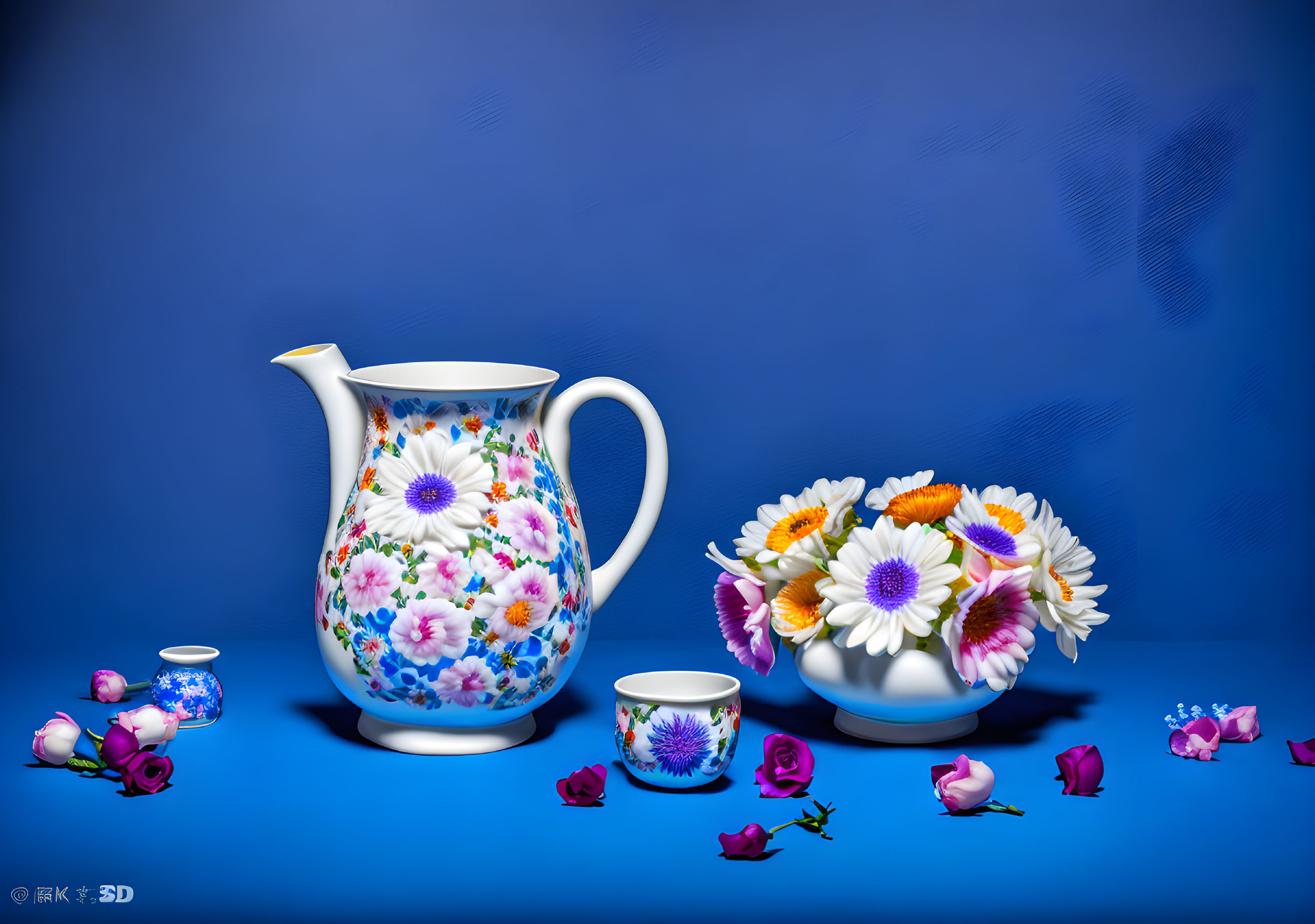 Colorful floral-patterned pitcher, bowl, and cup on blue background with scattered petals.