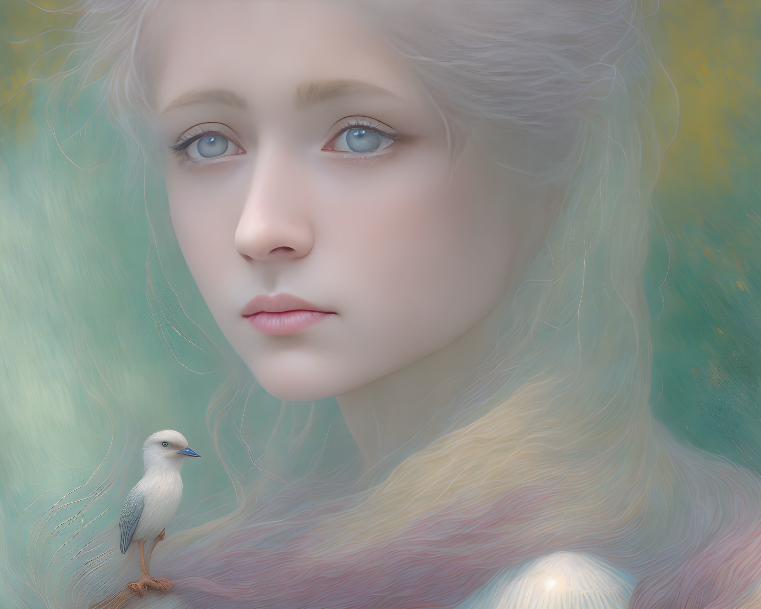 Young woman with pale hair and blue eyes next to a detailed bird on pastel background